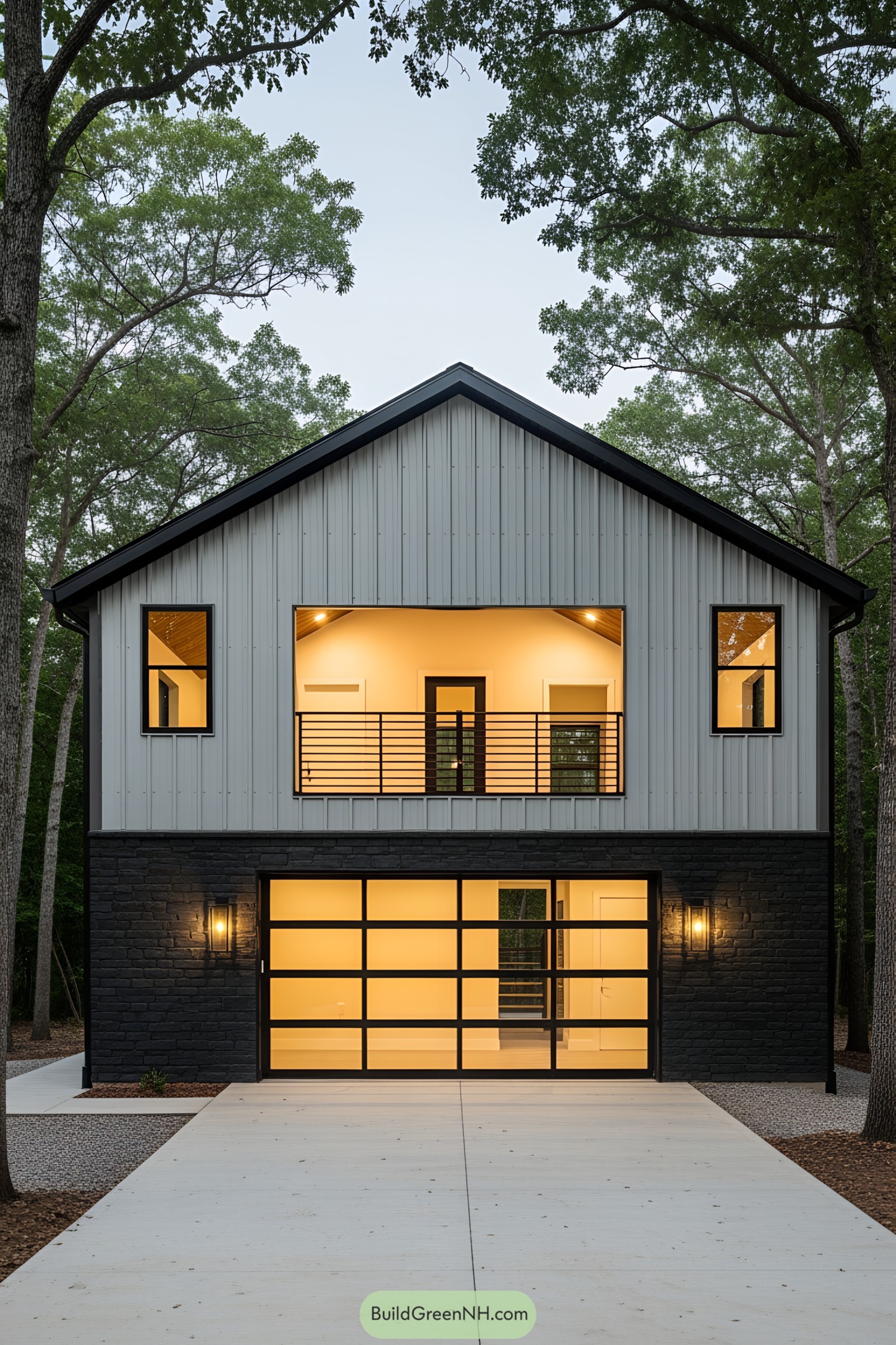 Contemporary gray barndominium with large garage