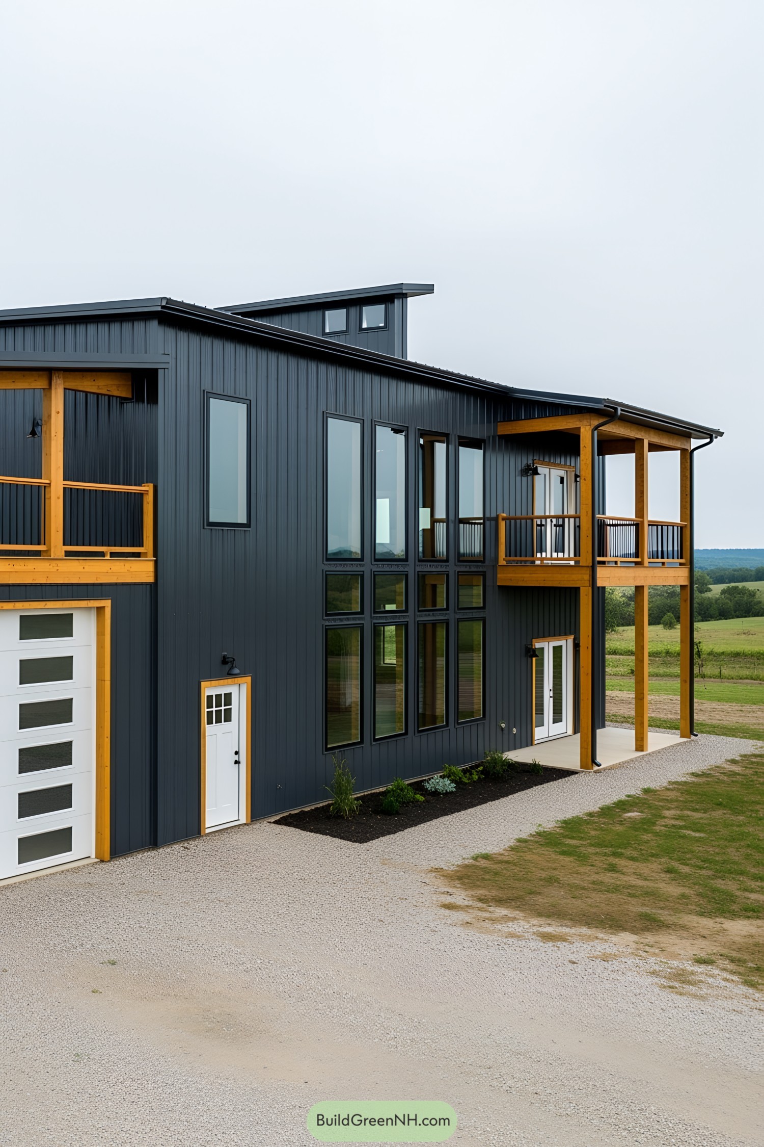 A sleek barndominium with a spacious garage against a rural backdrop