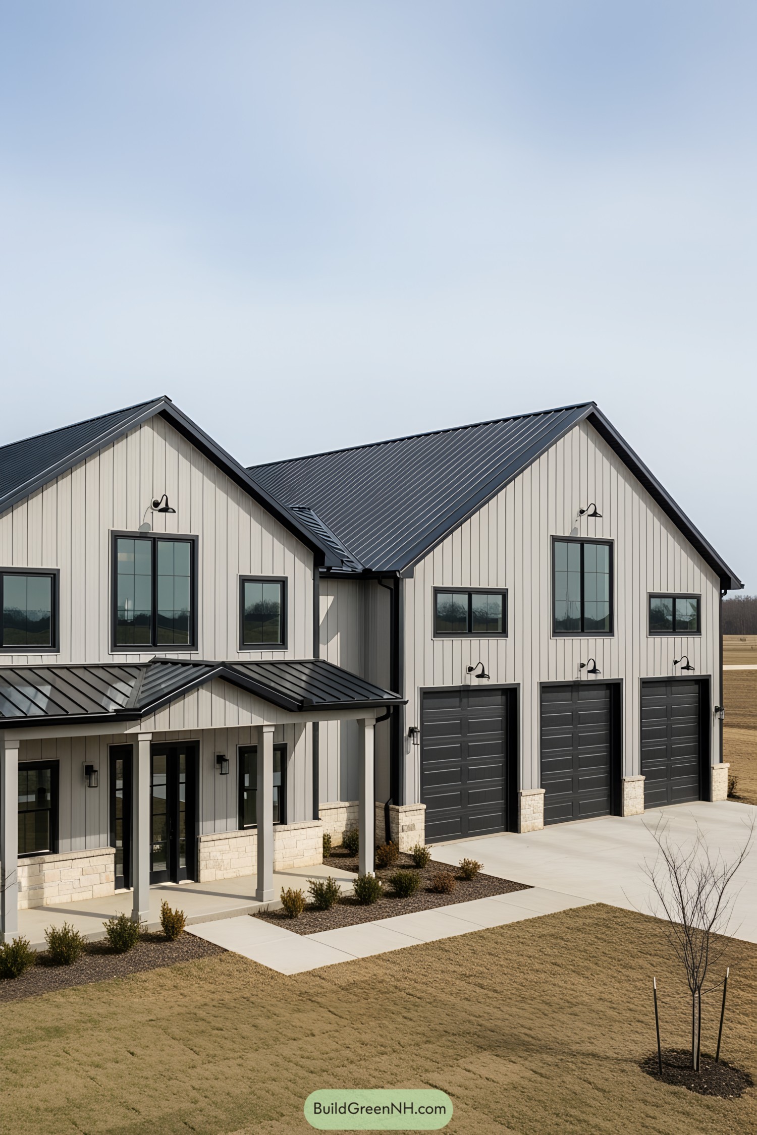 Modern barndominium with spacious garage