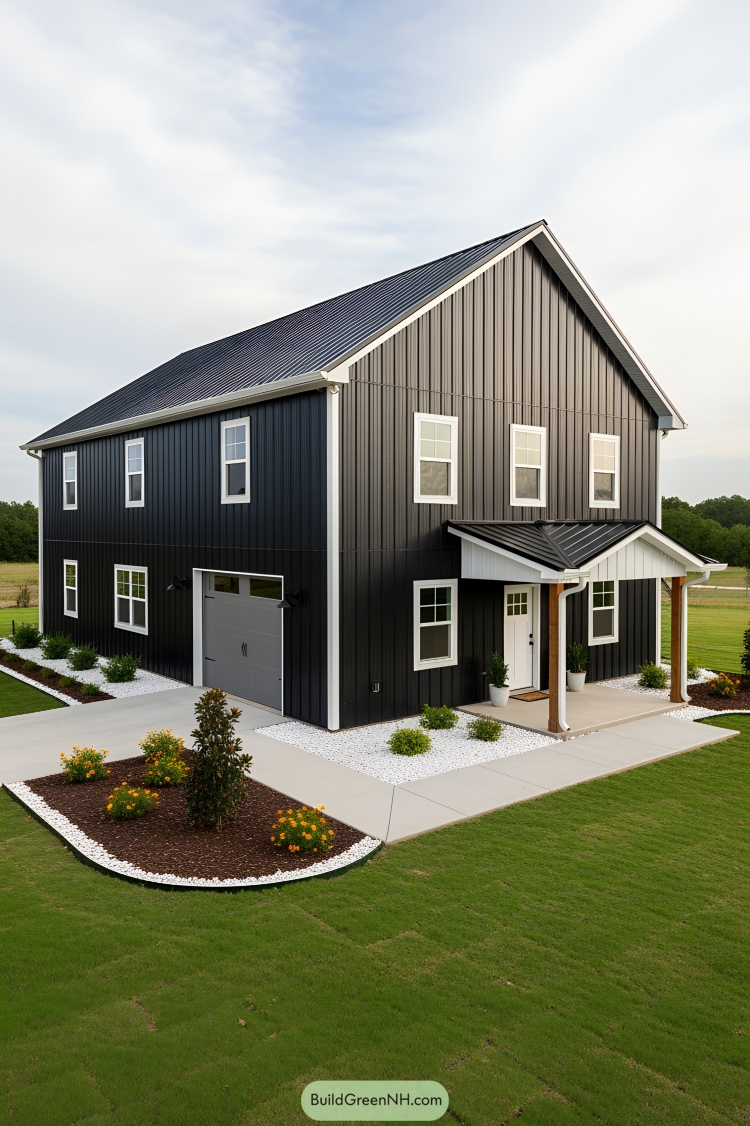 Sleek black barndominium with attached garage and neat landscaping