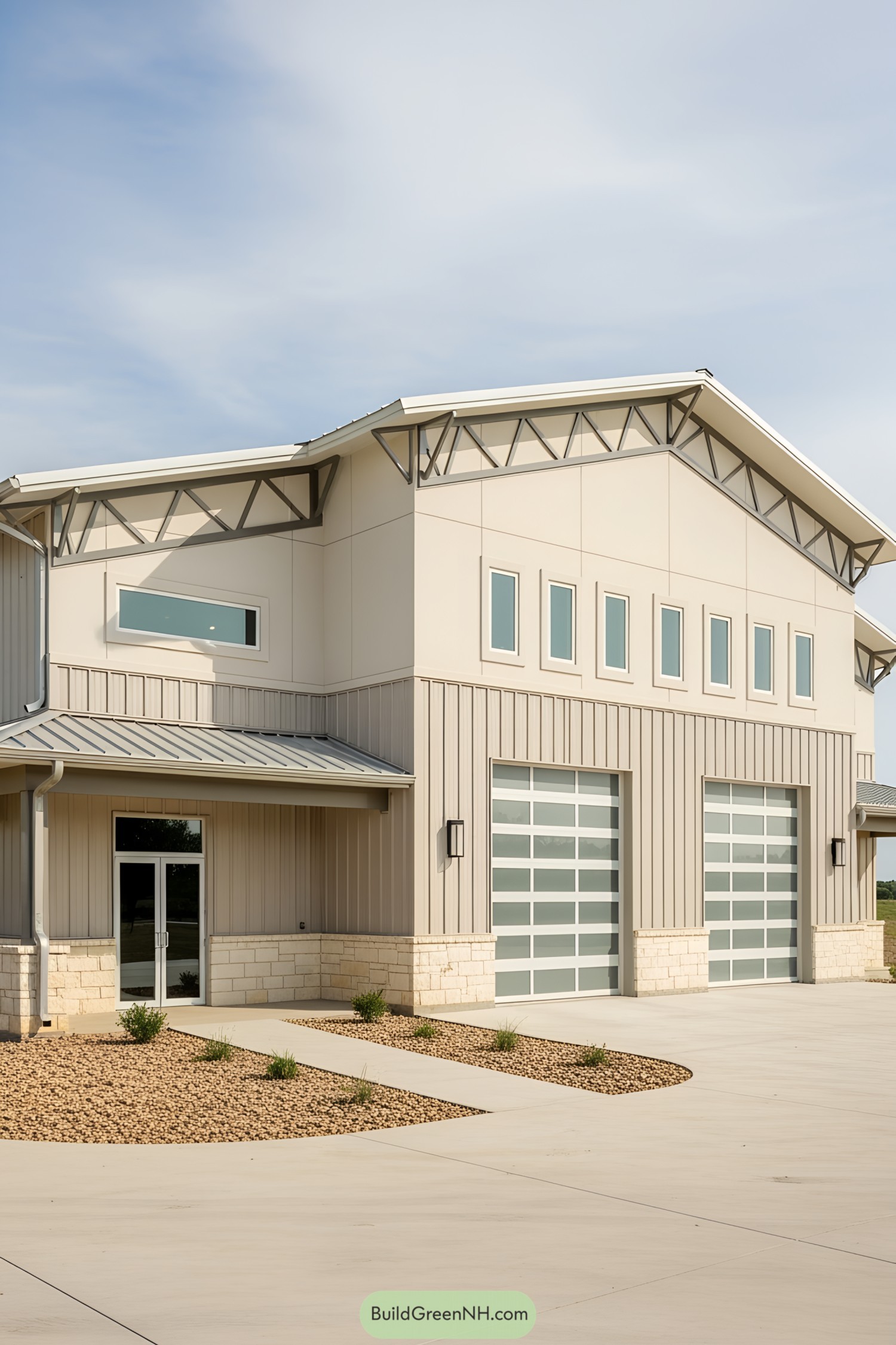 Modern barndominium with stylish garage