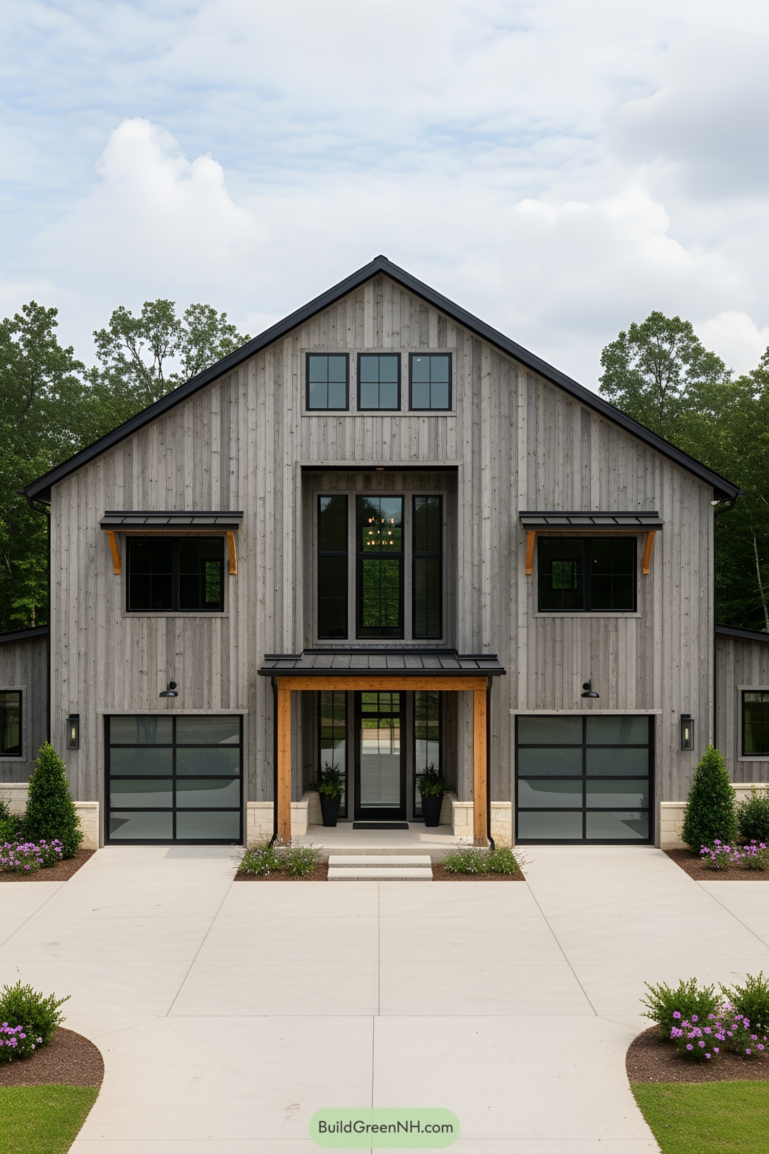 Modern barn-style home with garages
