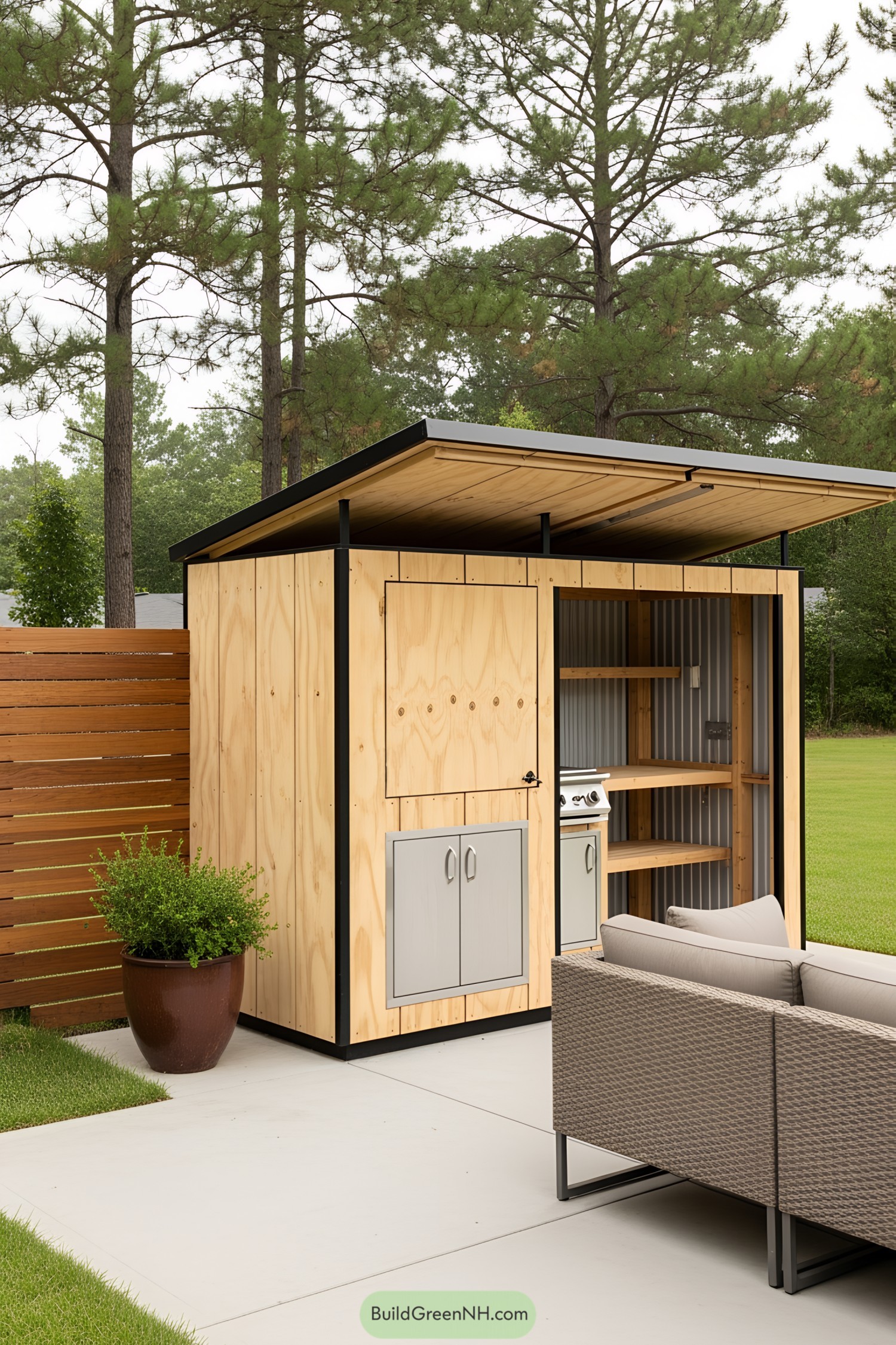Compact wooden BBQ shed with an open roof in a backyard