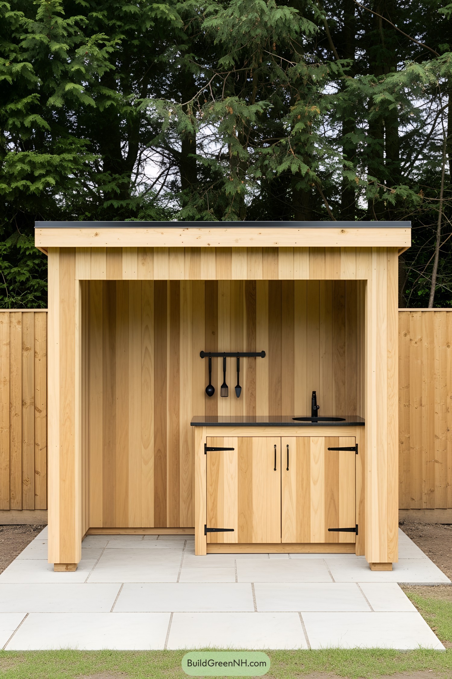 Compact wooden BBQ shed with sink and tools