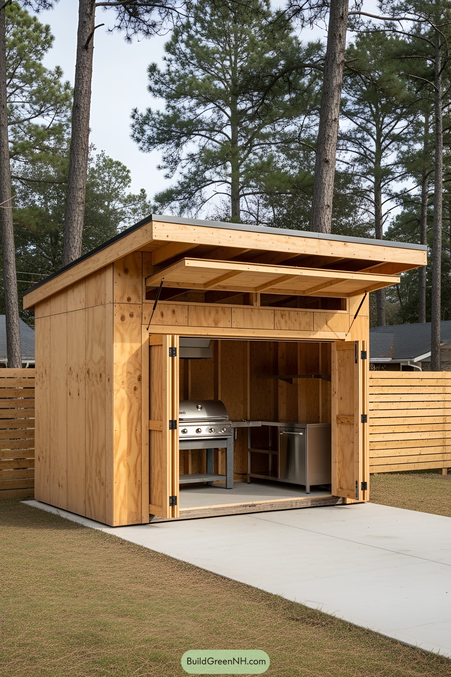 Compact BBQ shed with wooden finish and open doors