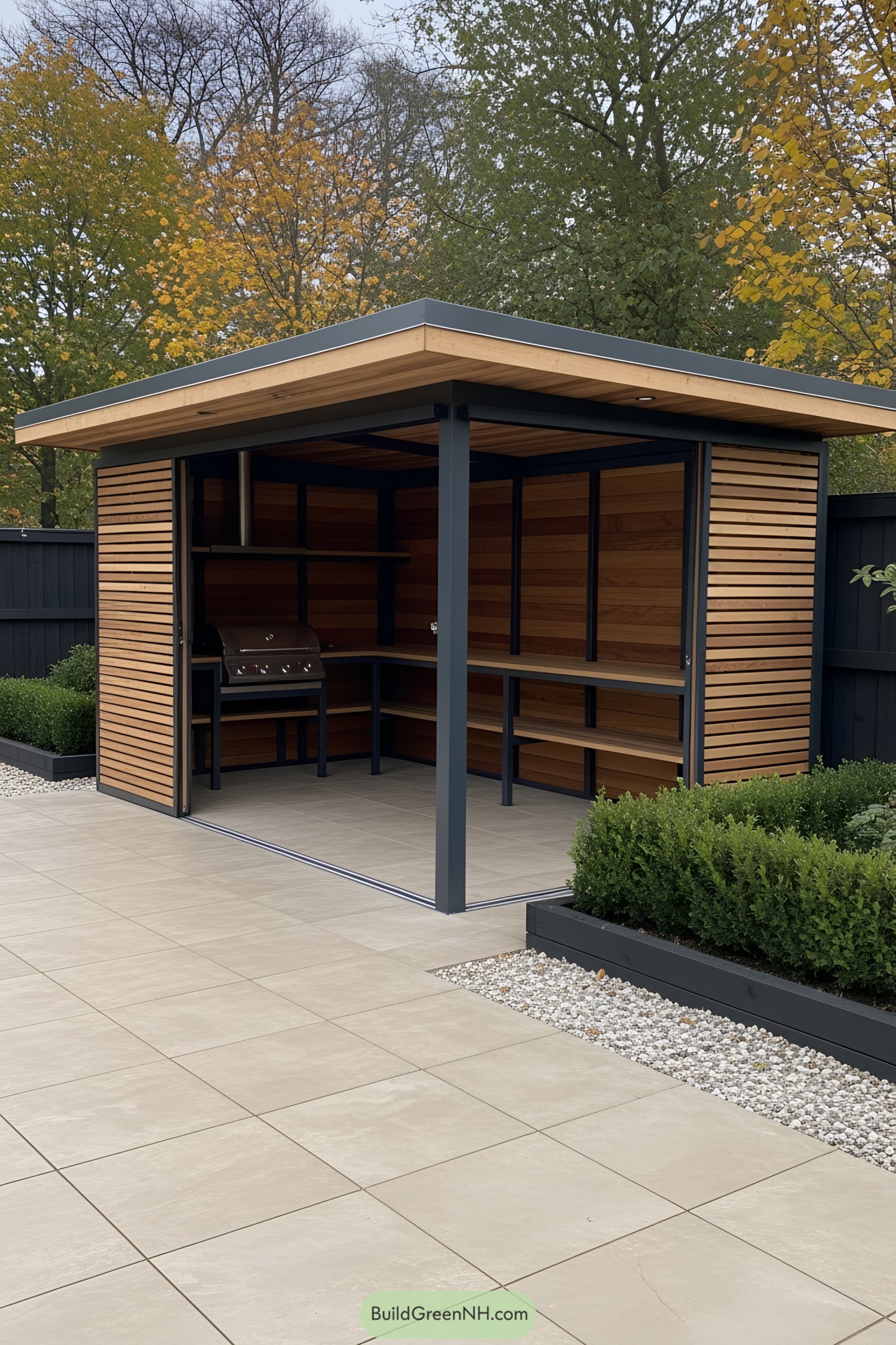 Modern BBQ shed with open design featuring wood accents and a sleek grill