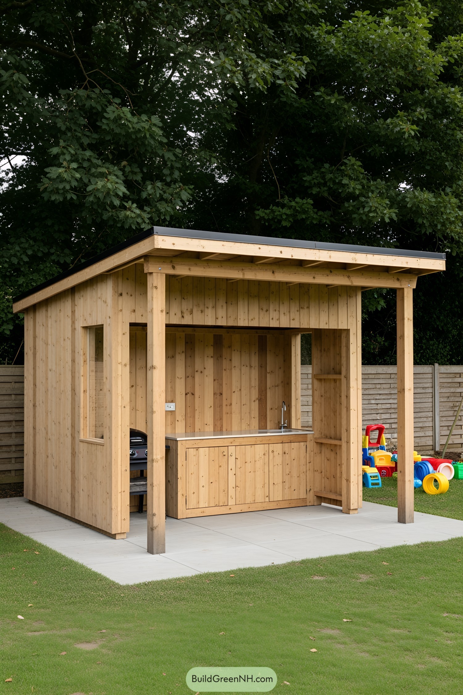 Charming wooden BBQ shed with grill and patio