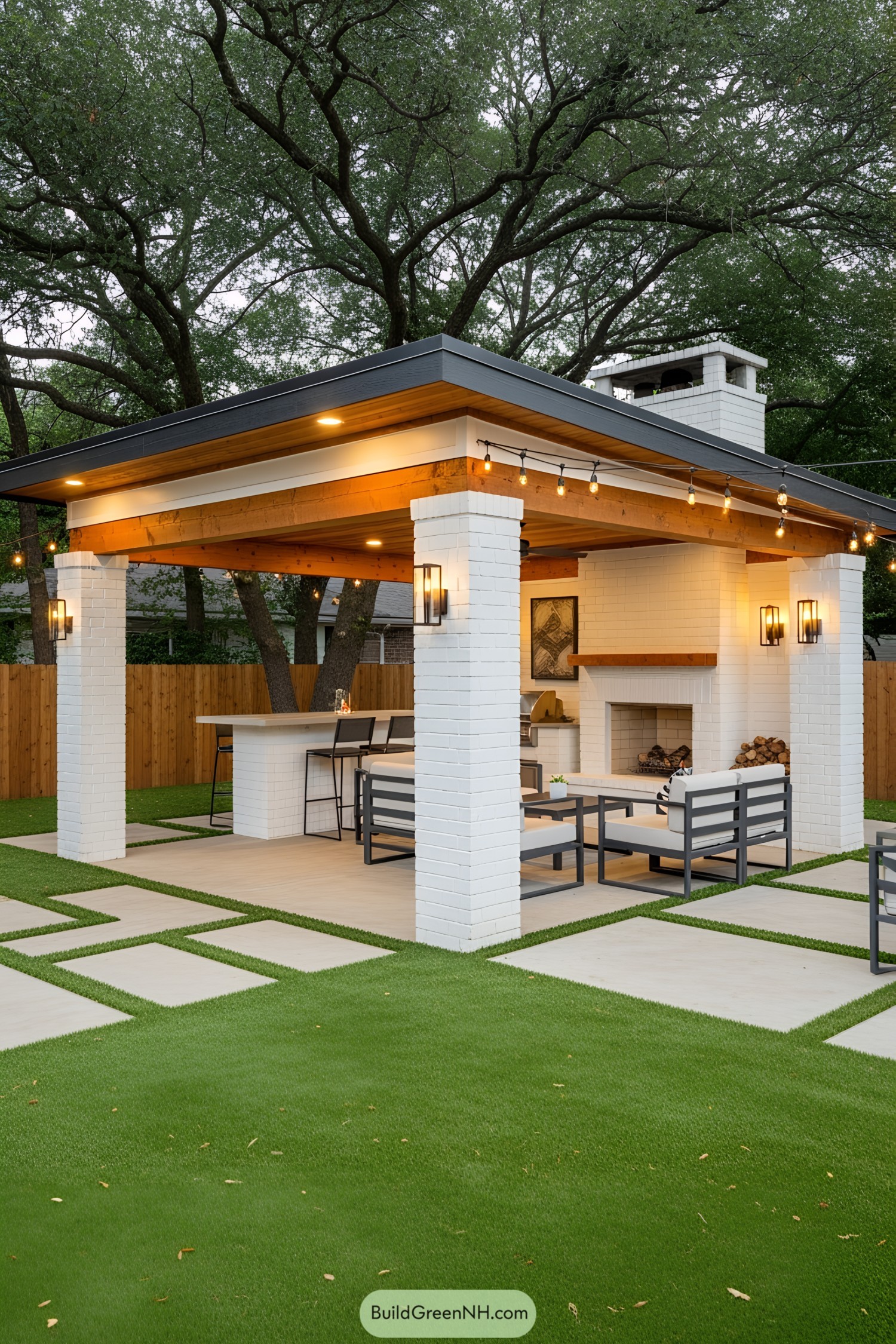 Charming BBQ shed with string lights and seating