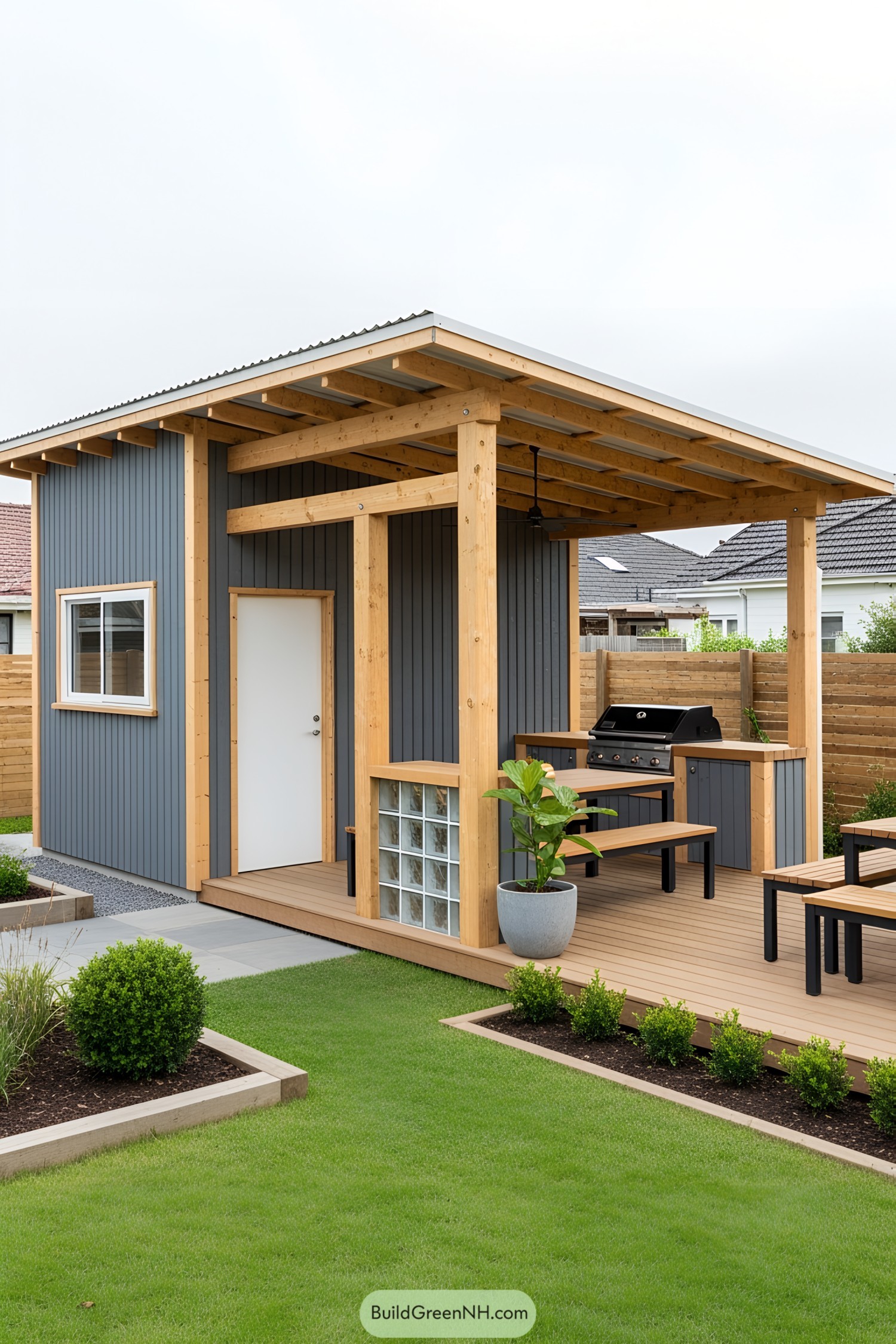 Modern BBQ shed with wooden trim and outdoor grill