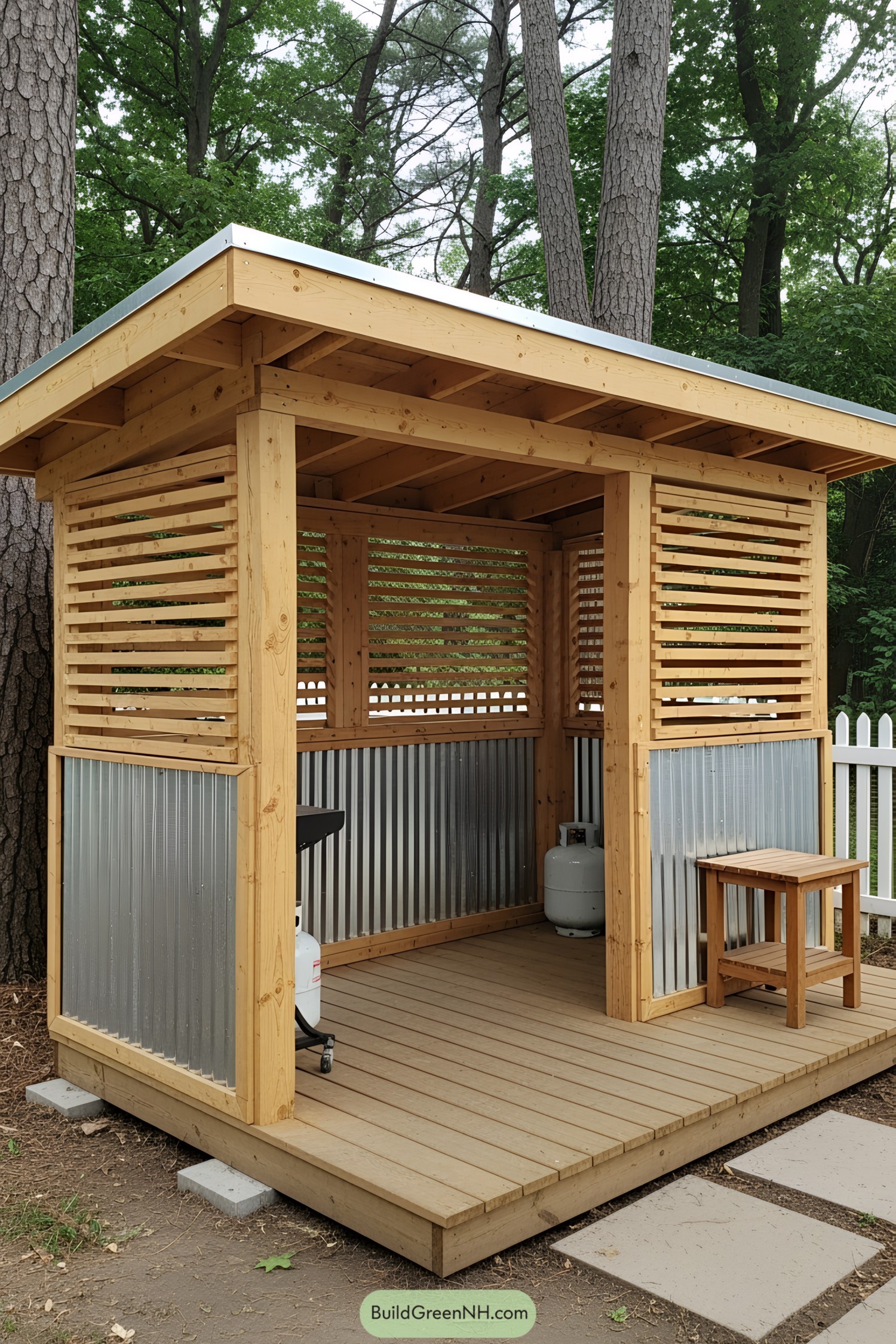 Wooden BBQ shed with corrugated metal panels