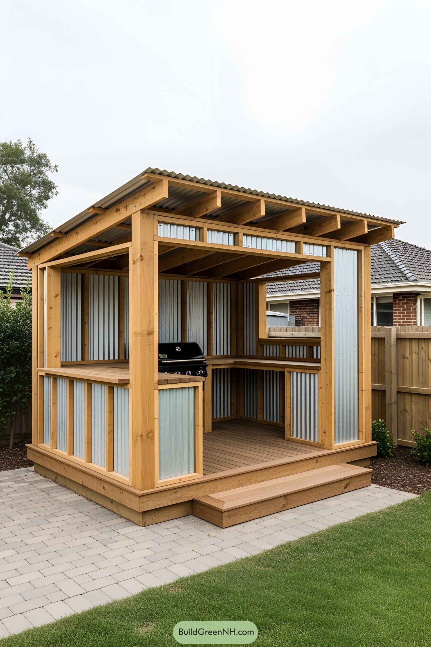 Wooden BBQ shed with a tin roof and grill