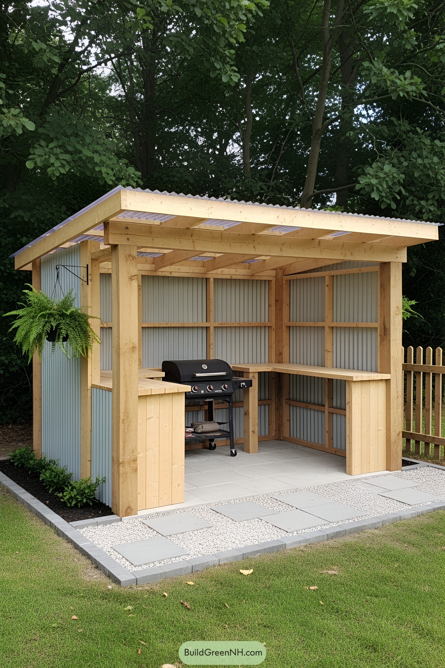 Charming BBQ shed with wood and metal design