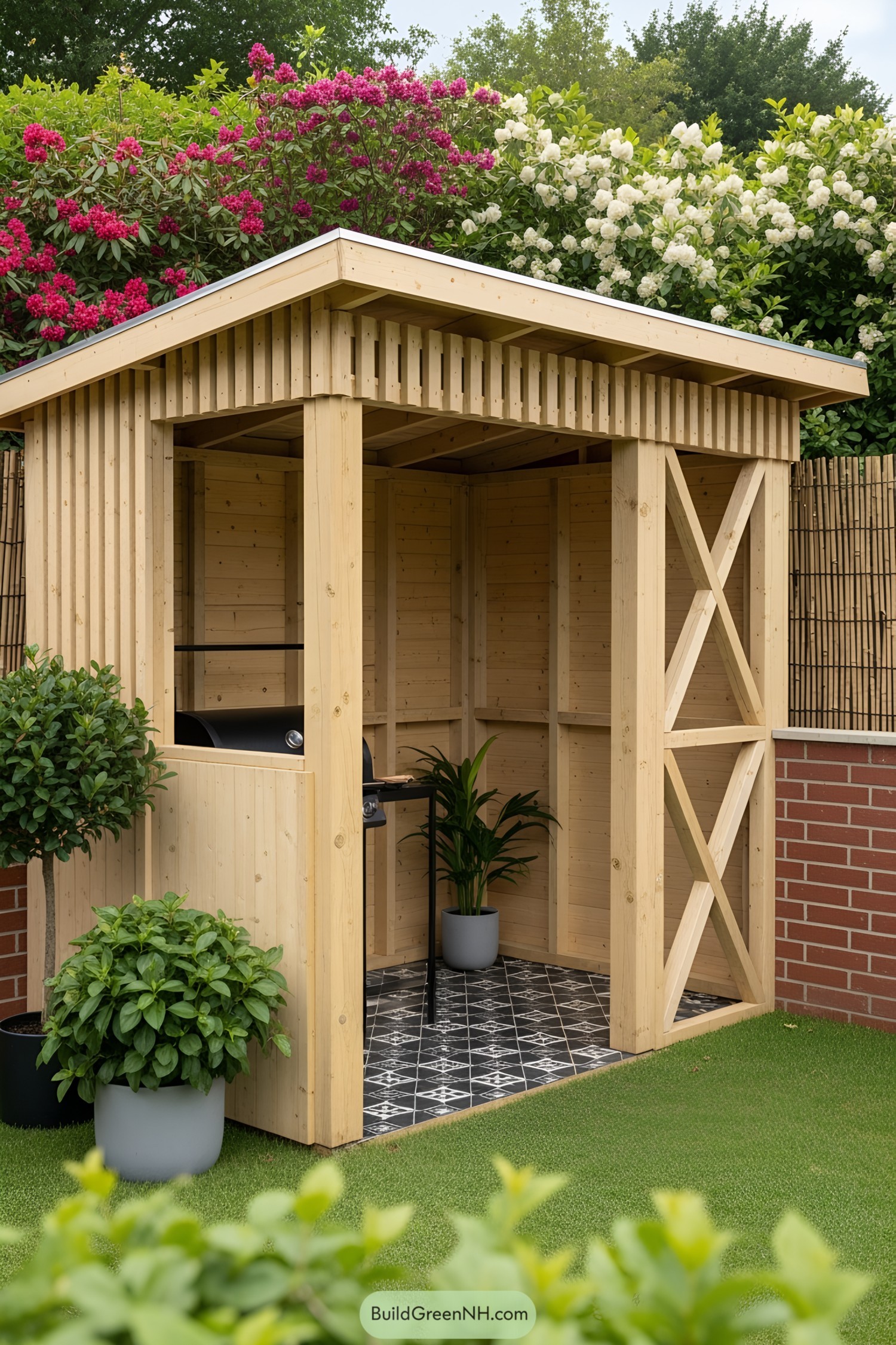 Cozy wooden BBQ shed with blooming shrubs