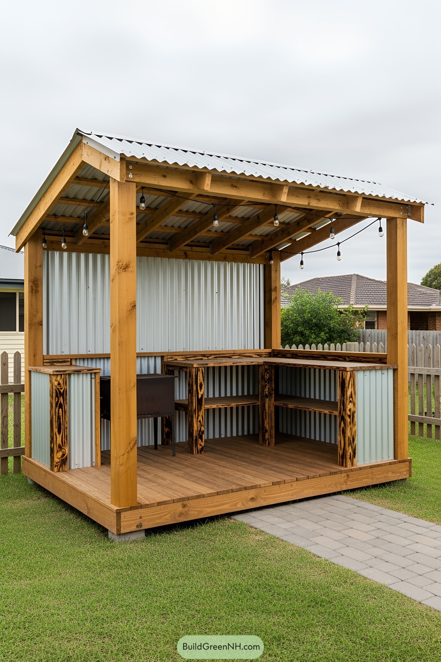 Compact wooden BBQ shed with tin roof and counter space