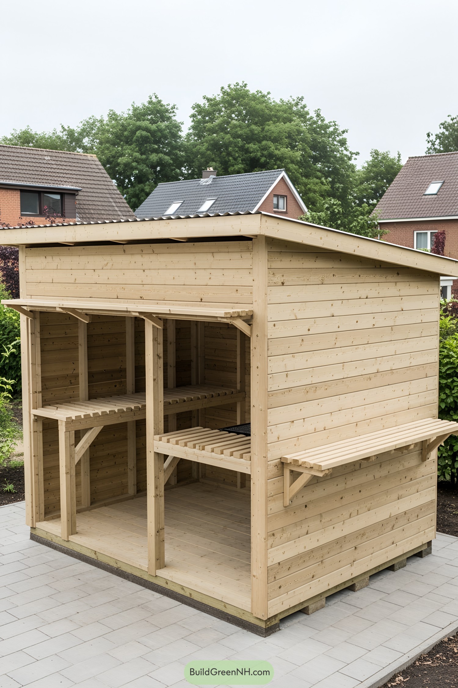 Wooden BBQ shed with open shelves in a backyard setting