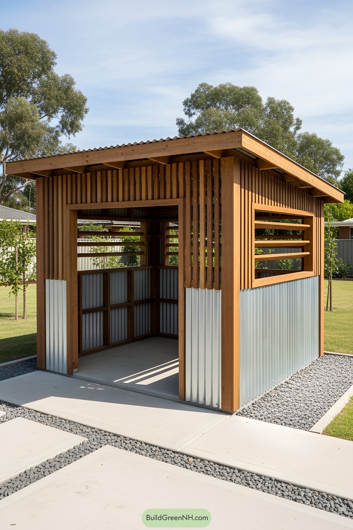 Rustic wooden BBQ shed with corrugated metal accents