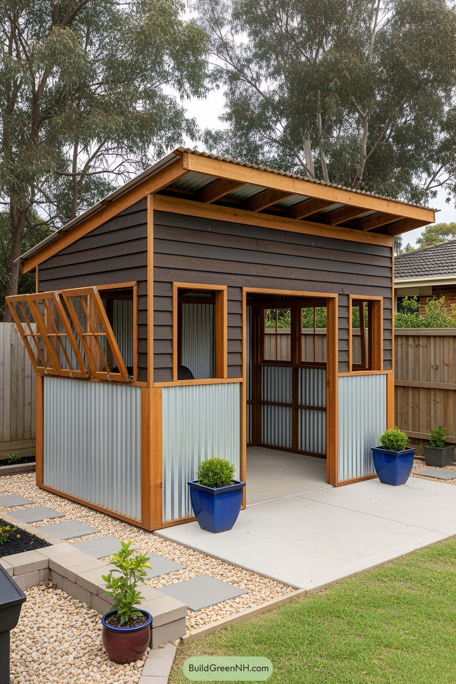 Cozy wooden BBQ shed with corrugated metal accents