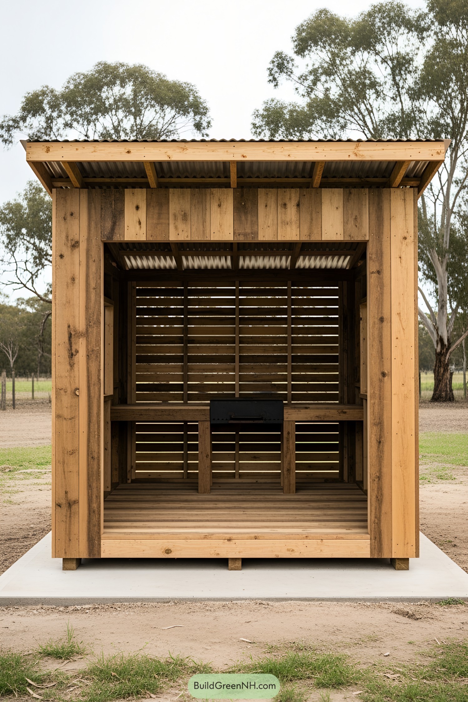 Cozy wooden BBQ shed with open slatted walls