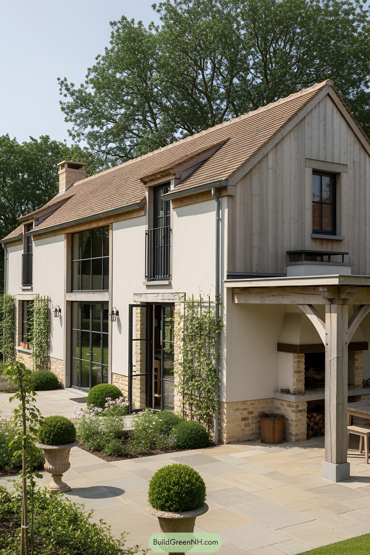 Charming farmhouse exterior with lush greenery