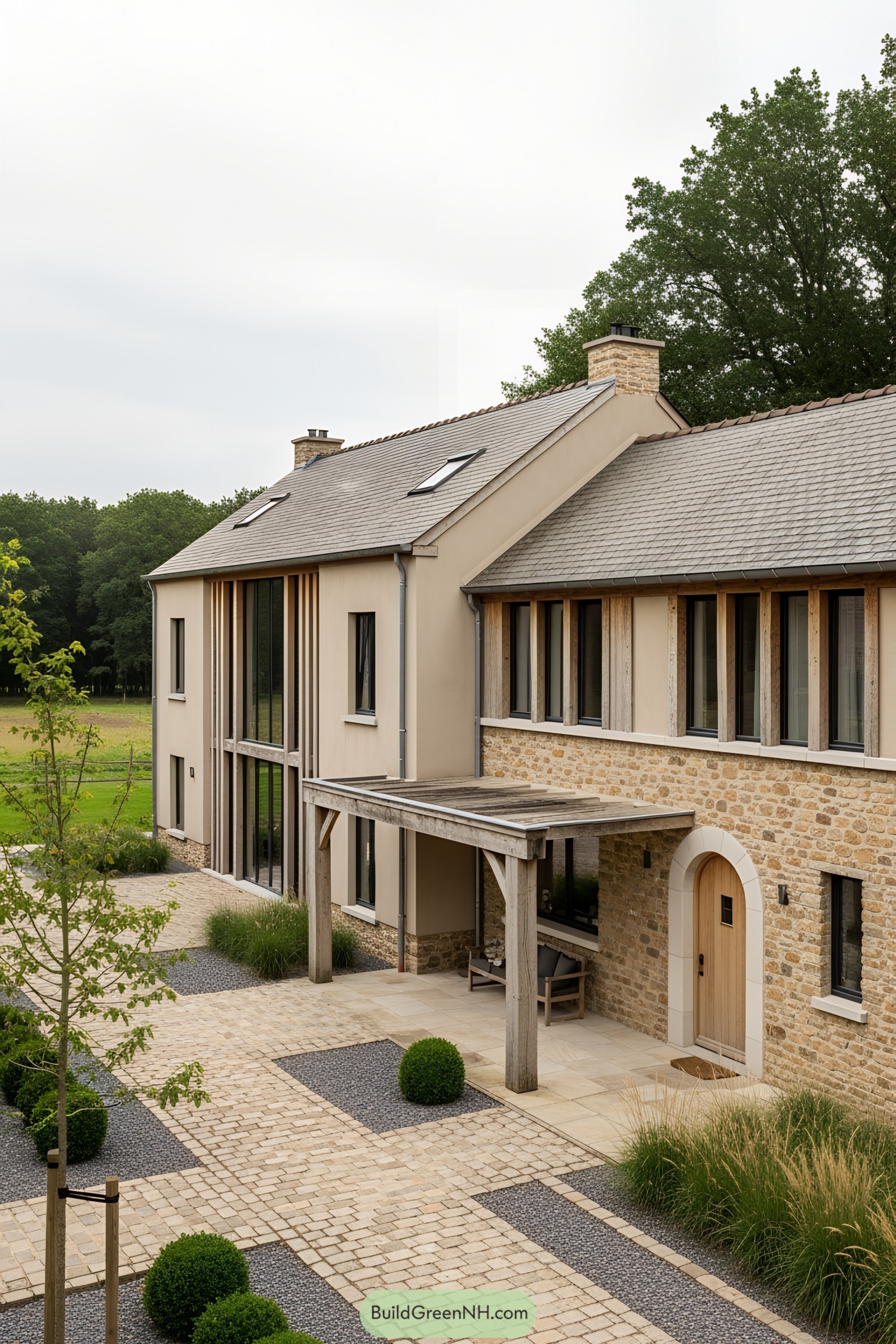Modern Belgian farmhouse with stone accents