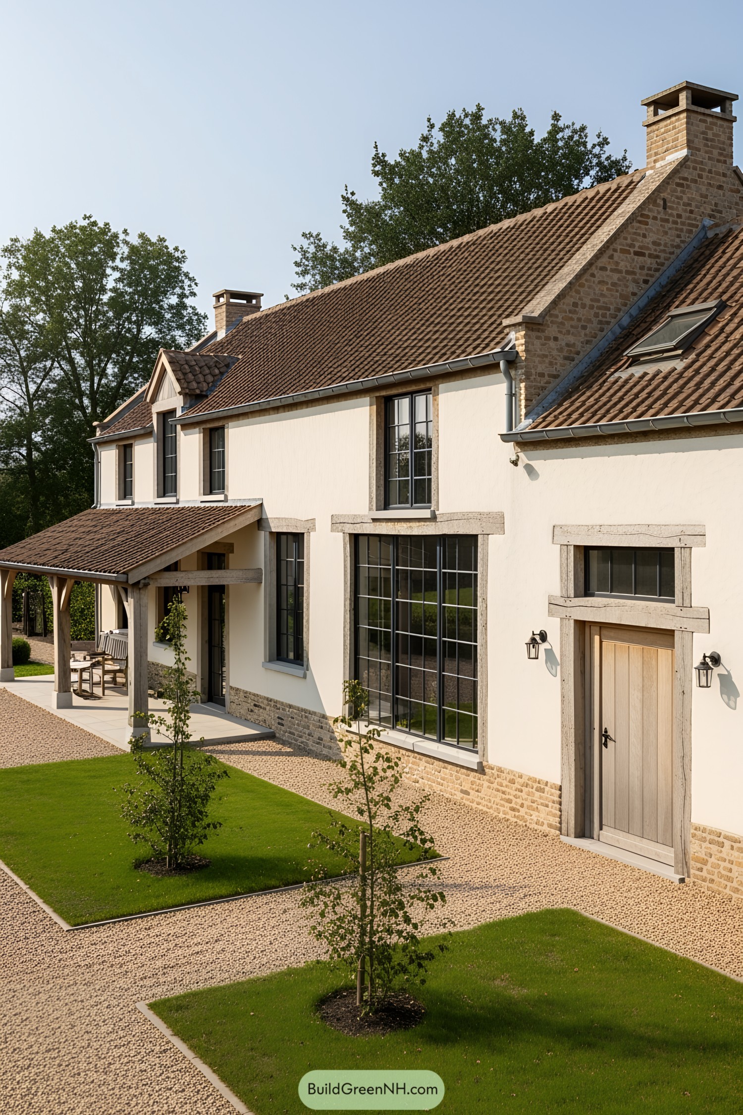 Classic Belgian farmhouse with large windows and lush garden