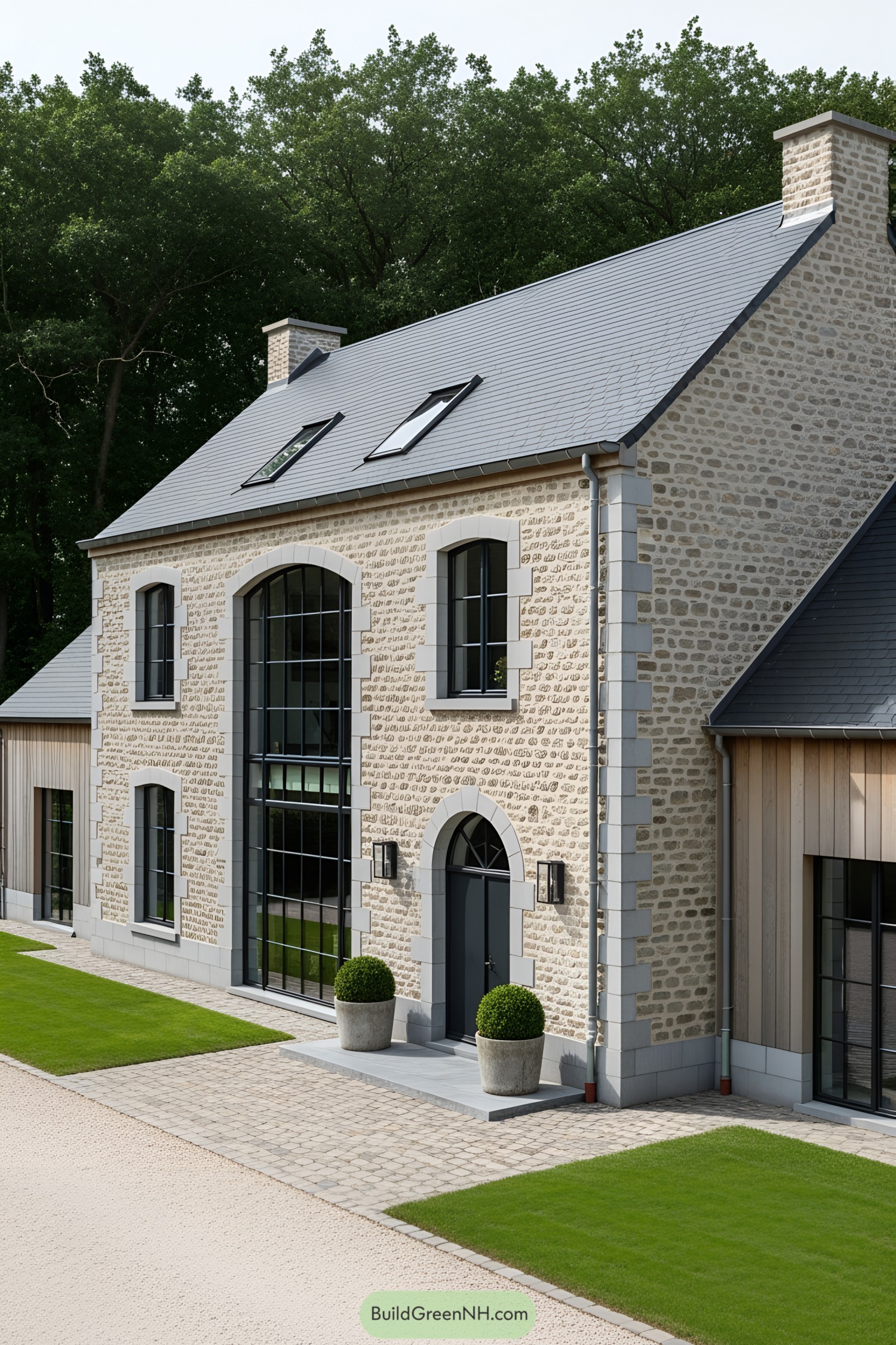 Stone farmhouse with tall black-framed windows and a gray roof