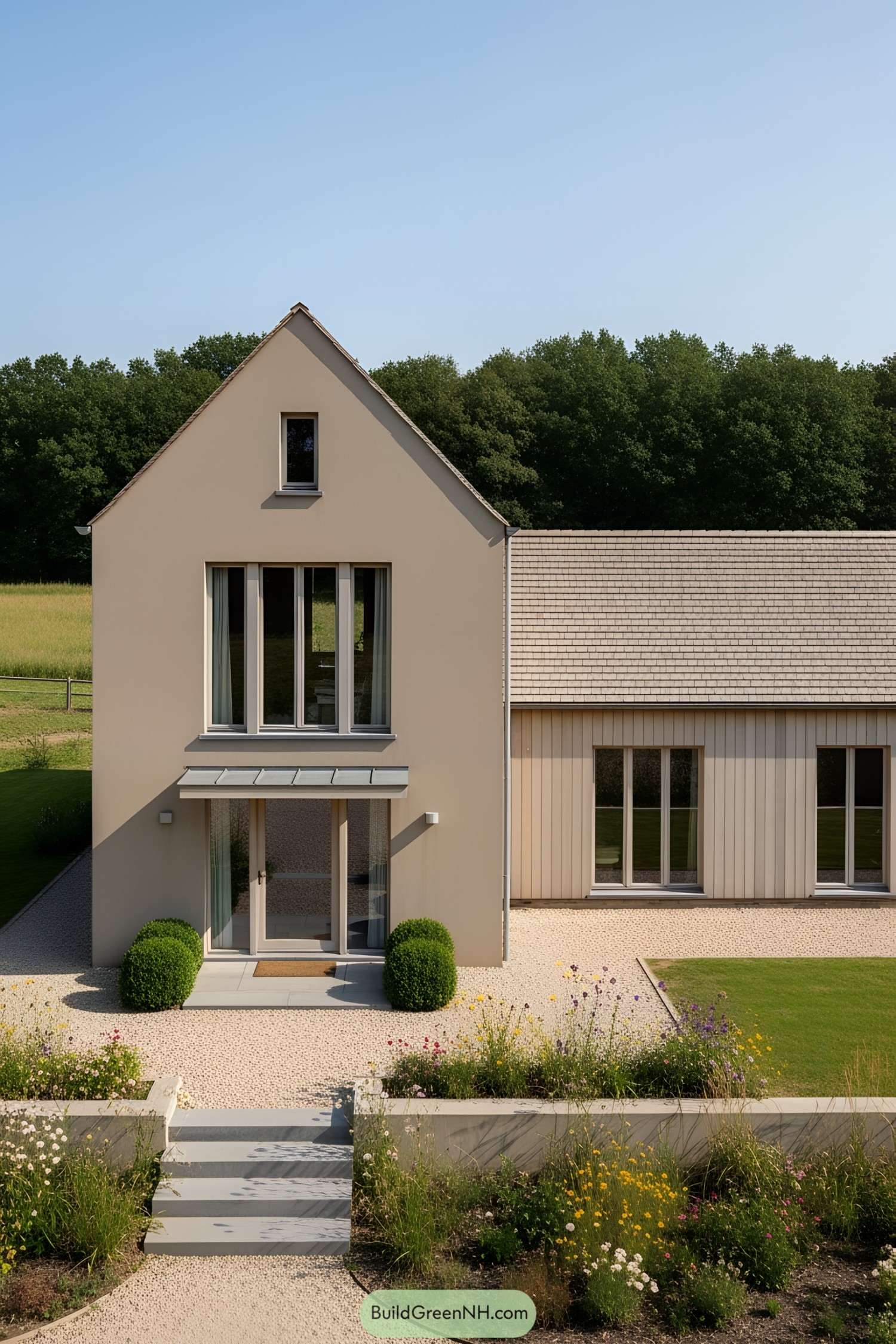 Contemporary Belgian farmhouse with garden path