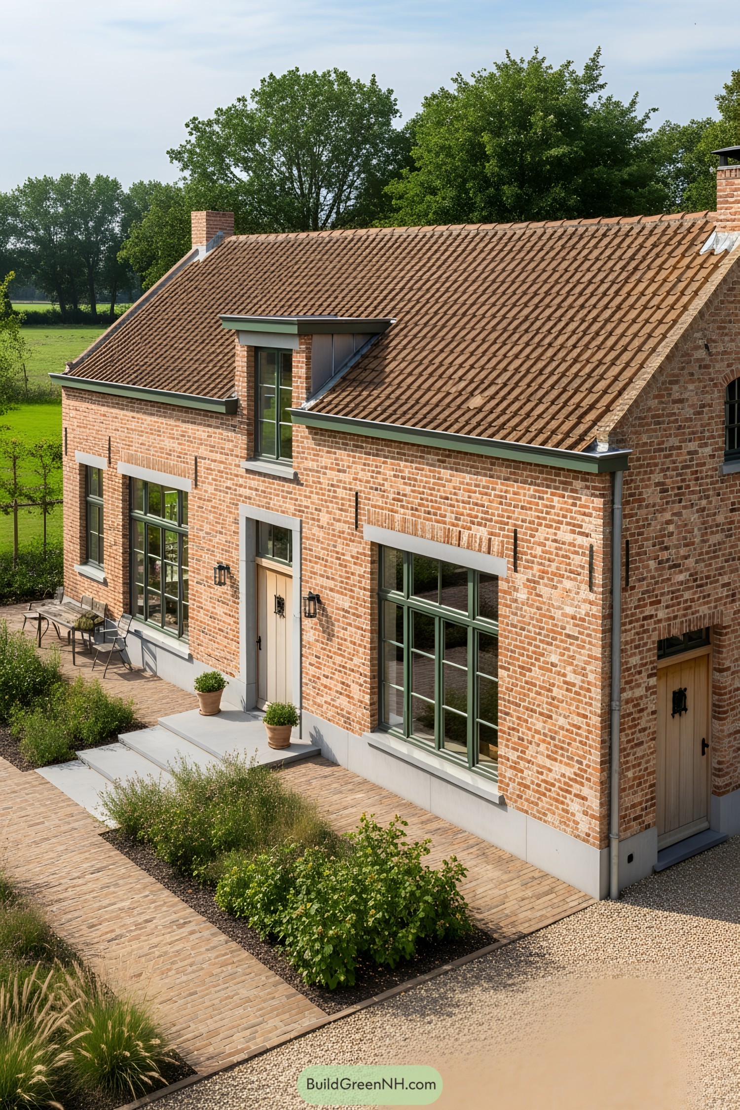 Charming brick farmhouse with lush surroundings