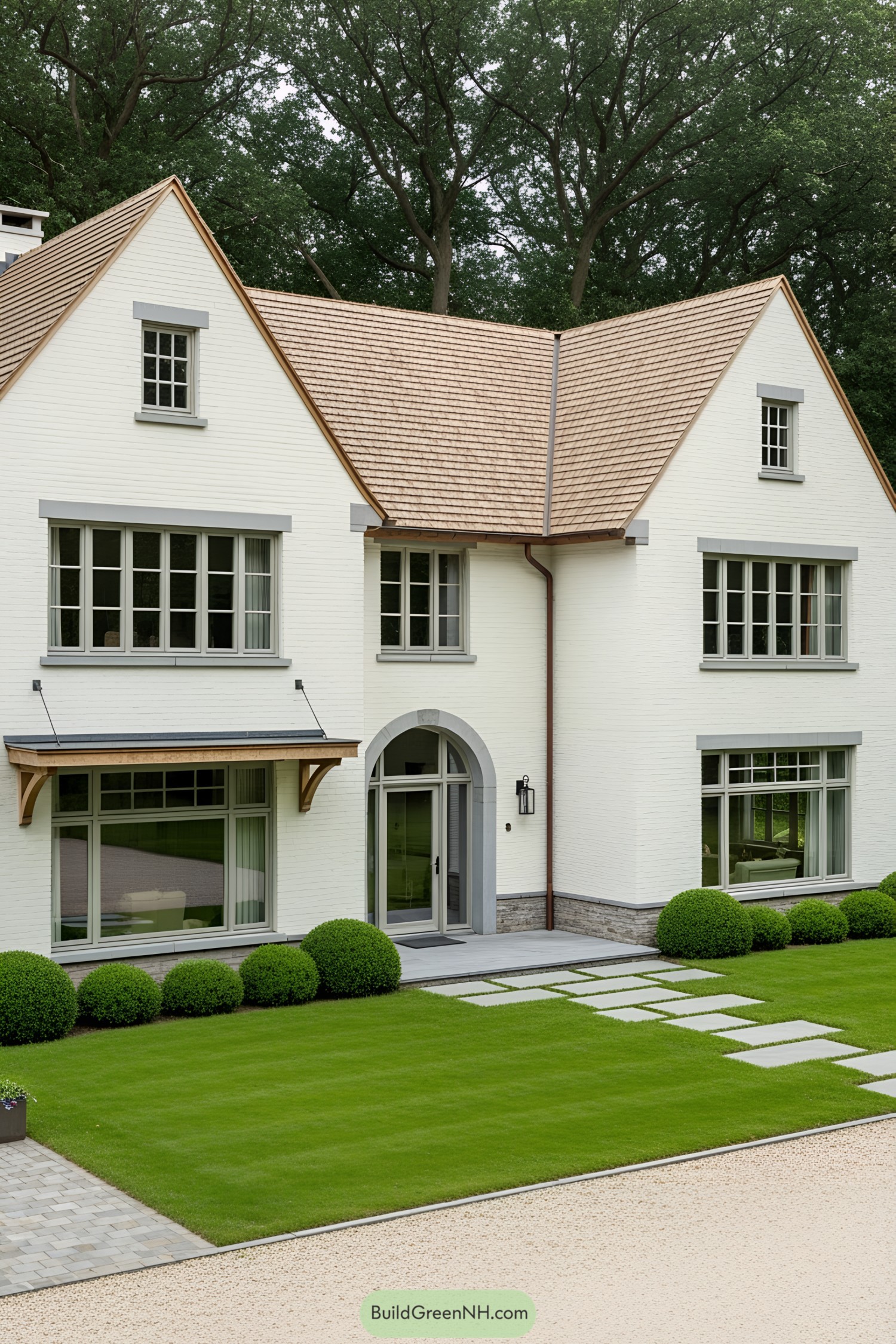 Charming white farmhouse with a tan roof
