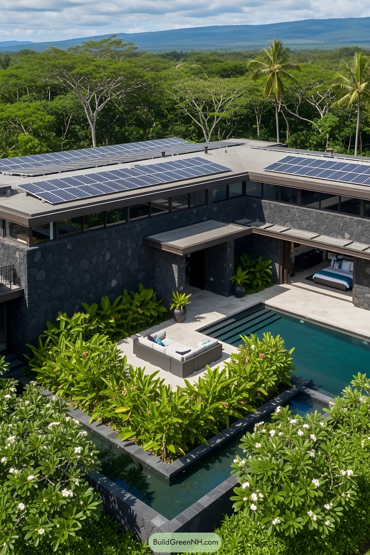 Tropical modern house with volcanic stone facade and lush greenery