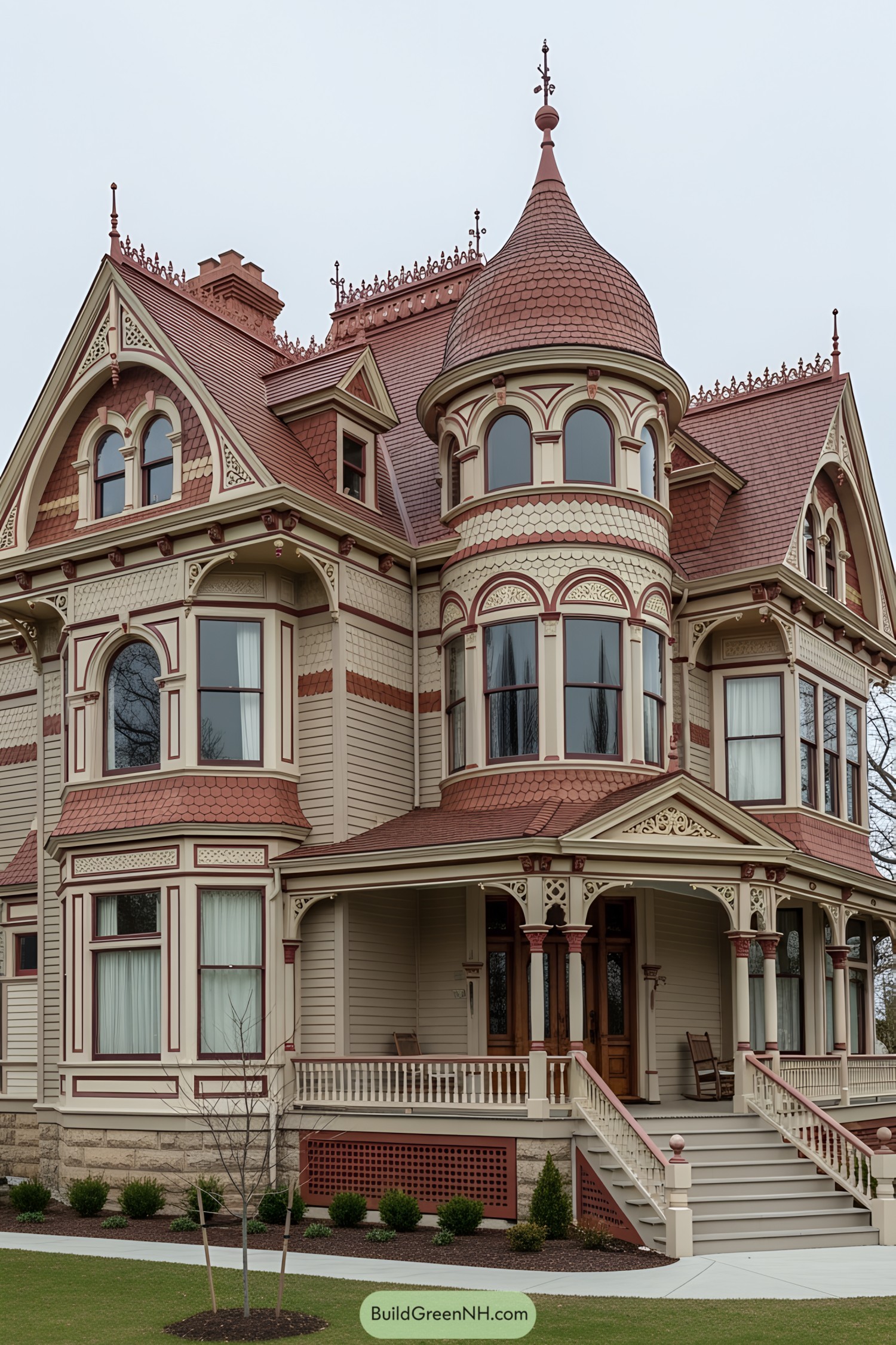 Victorian house with ornate turret and patterned facade
