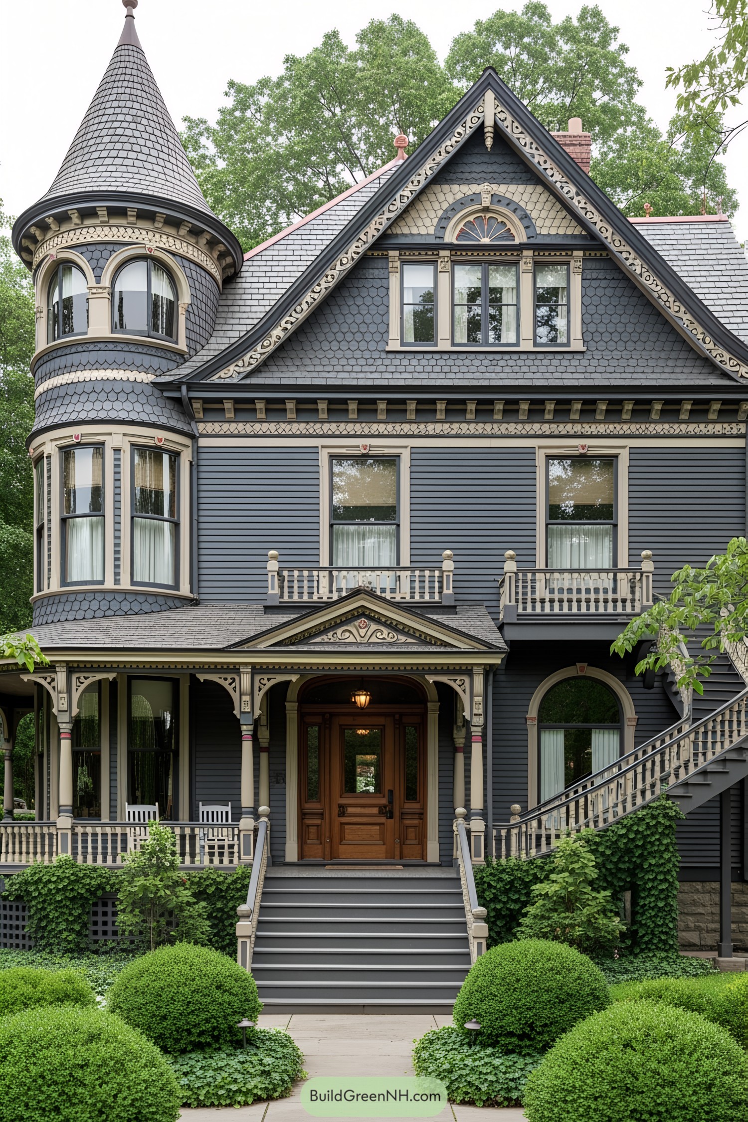 Victorian house with a prominent turret and intricate detailing