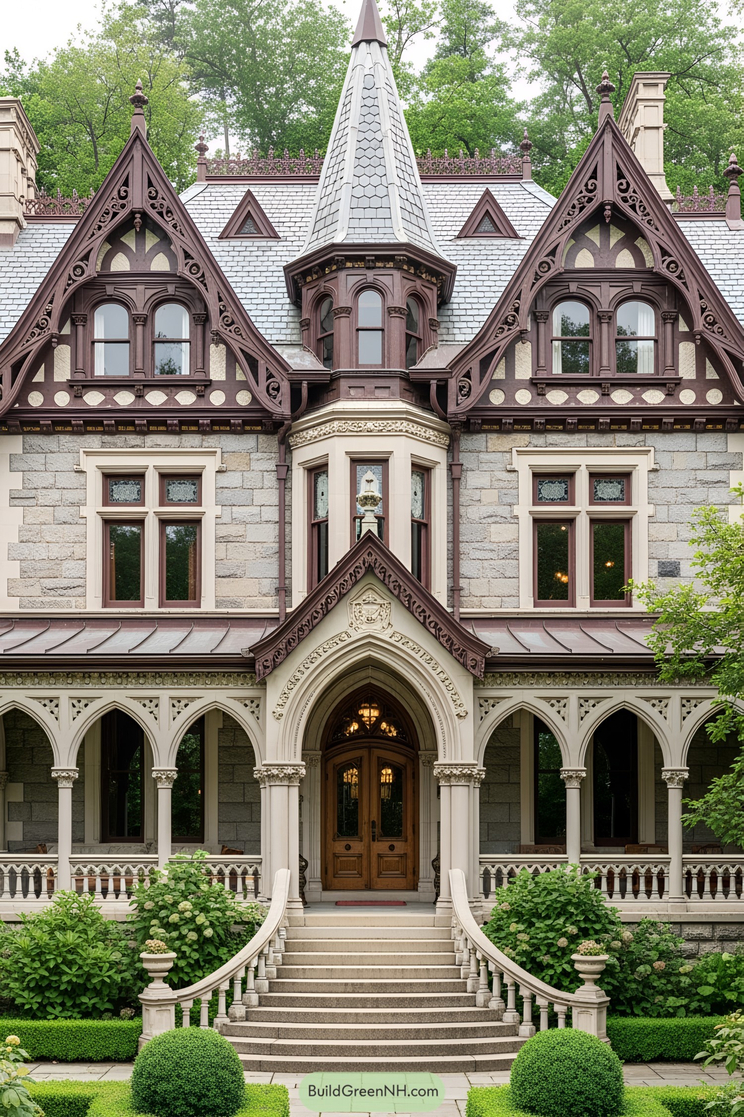 Victorian house with detailed arches and turret