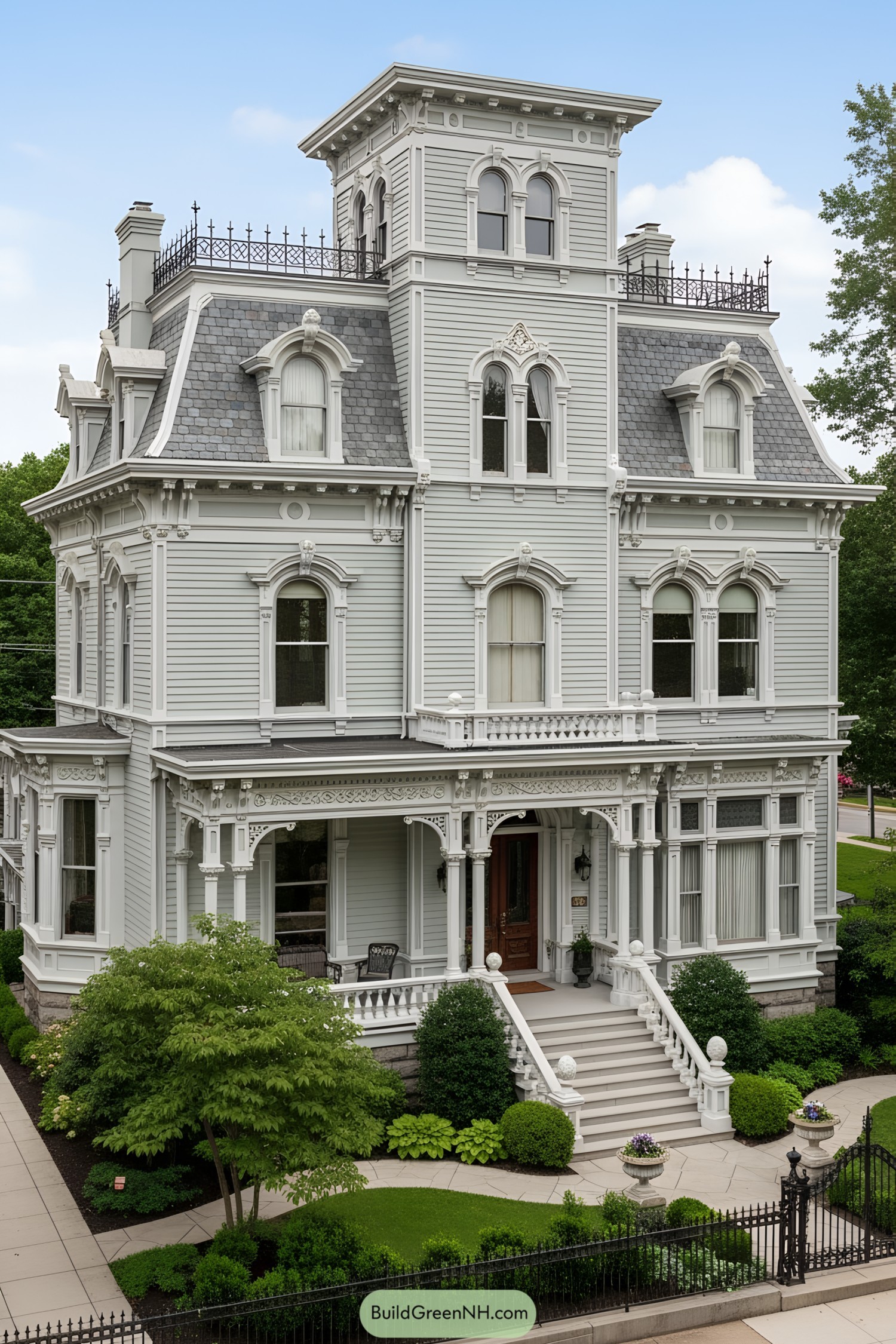 Vintage Victorian house with ornate details and lush greenery