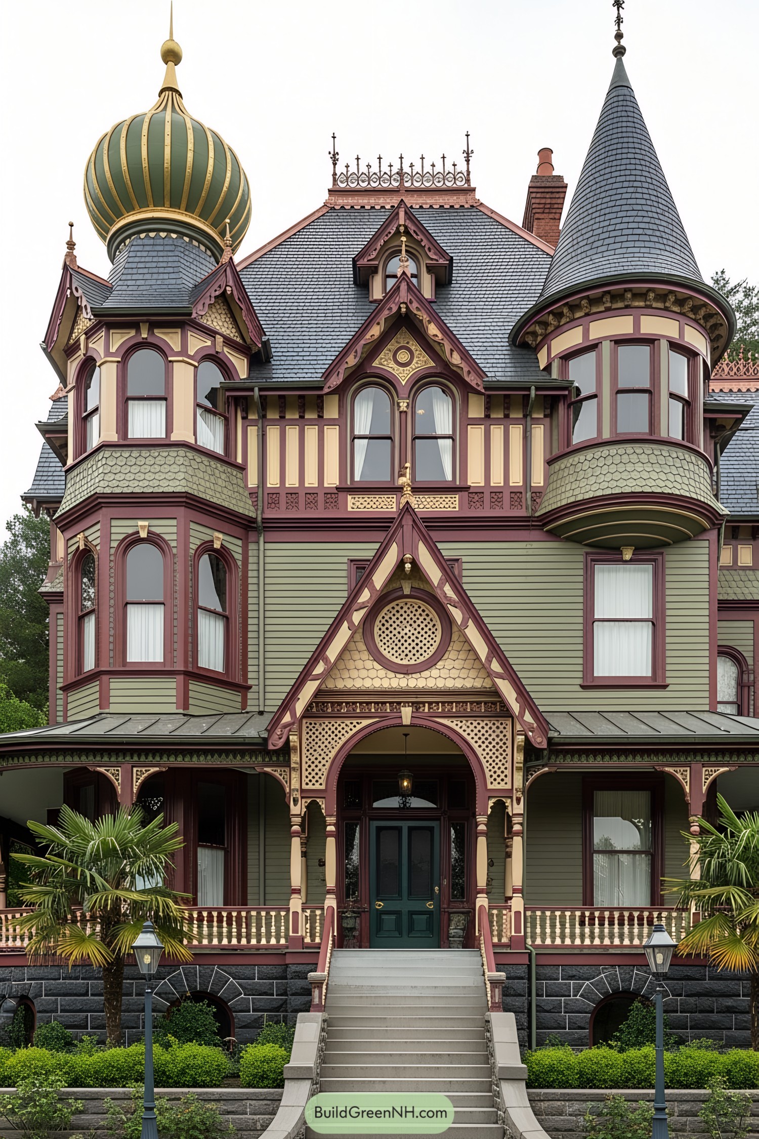 Victorian house with colorful domes and ornate details