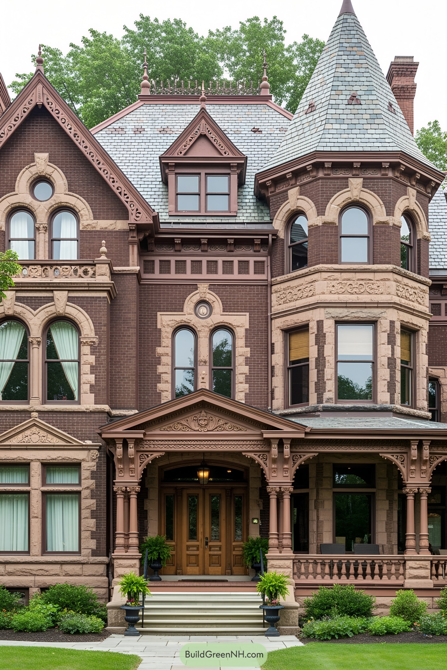 Elegant Victorian mansion with ornate details and turret