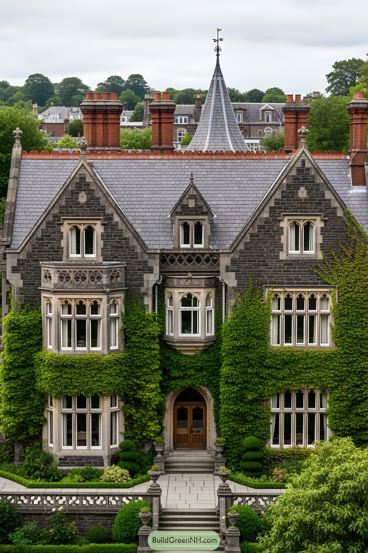 Victorian house with intricate details and lush ivy