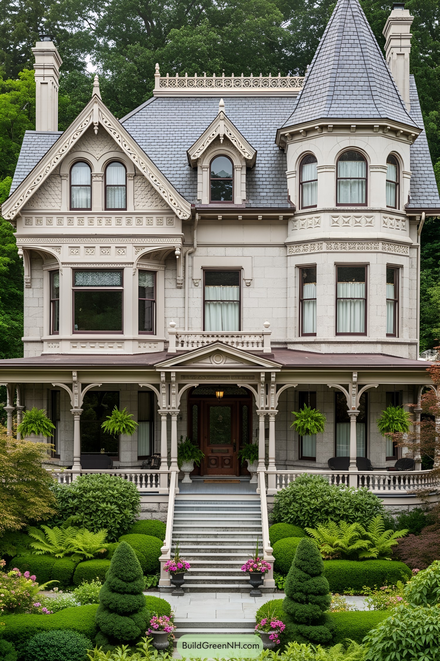 Elegant Victorian house with turret and lush garden