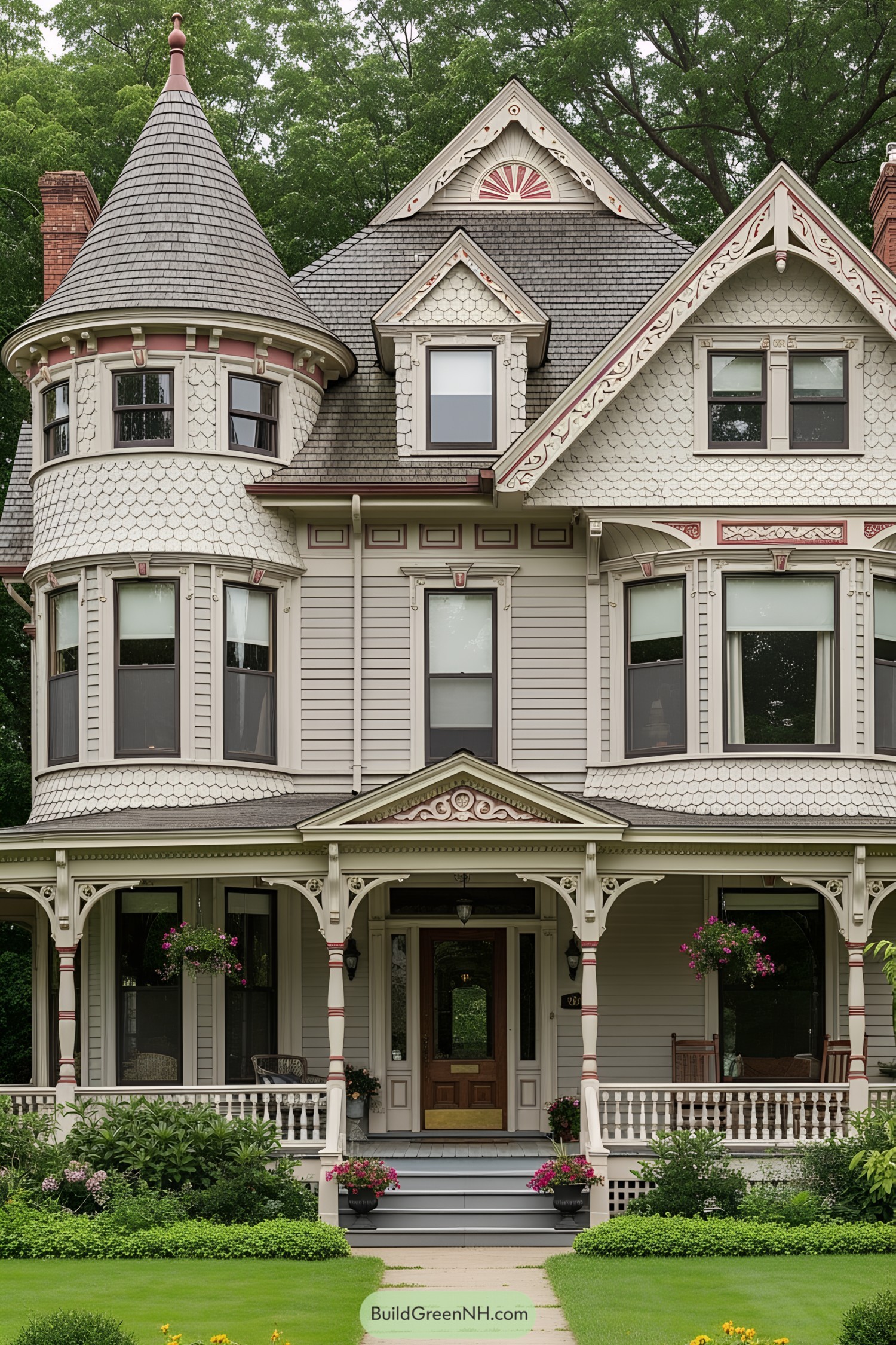 Victorian house with ornate detailing and a conical tower