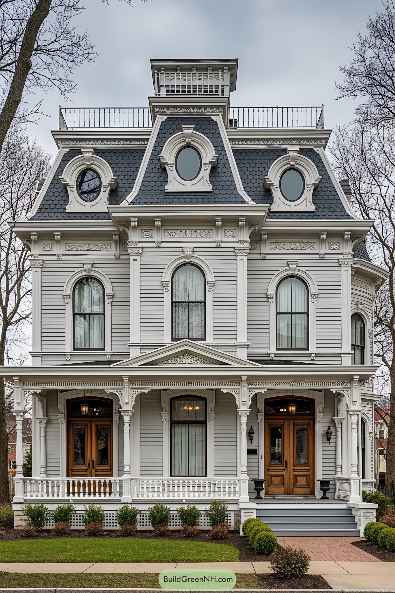 Victorian house with detailed mansard roof and ornate trim