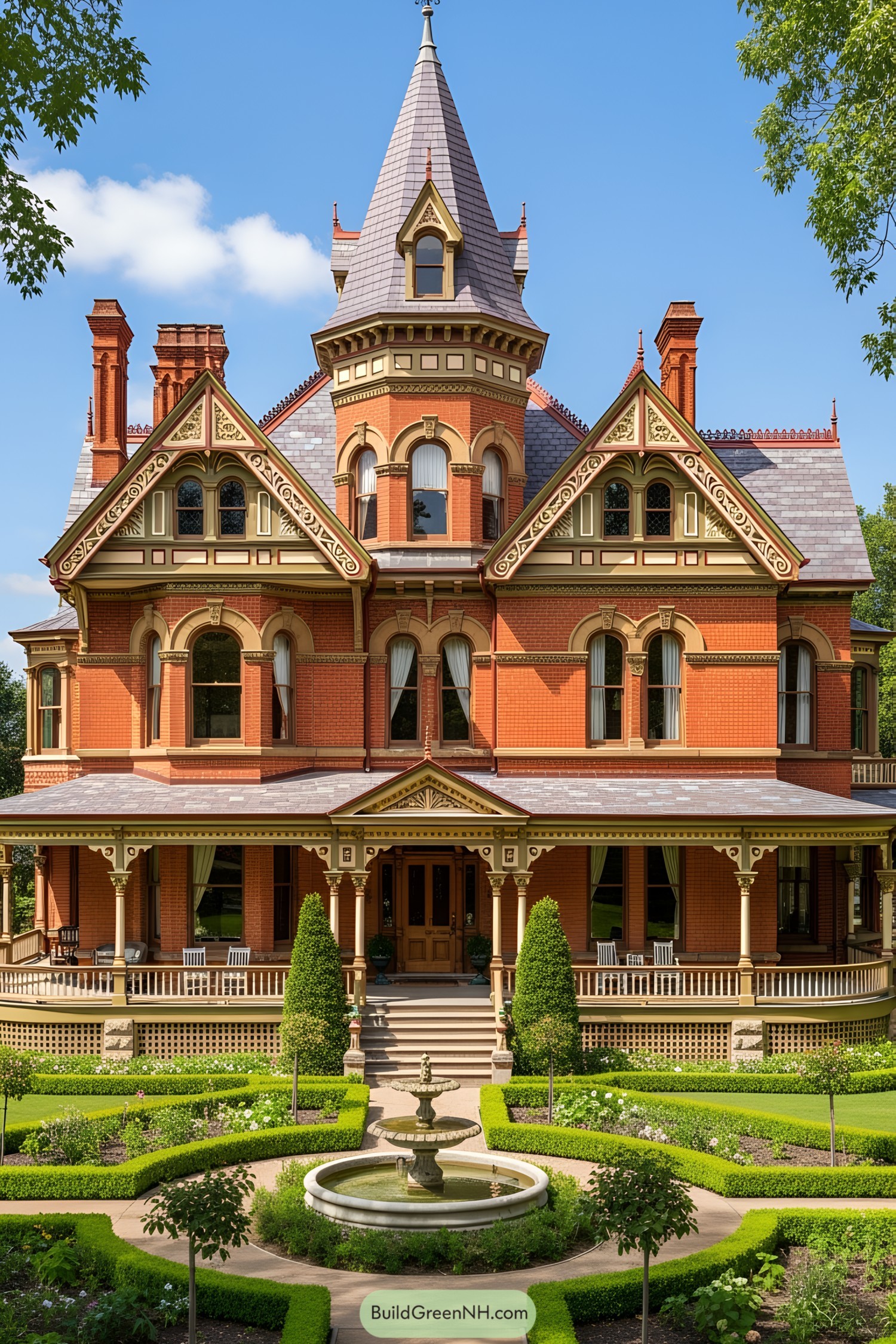 Victorian house with intricate brickwork and spiky spires