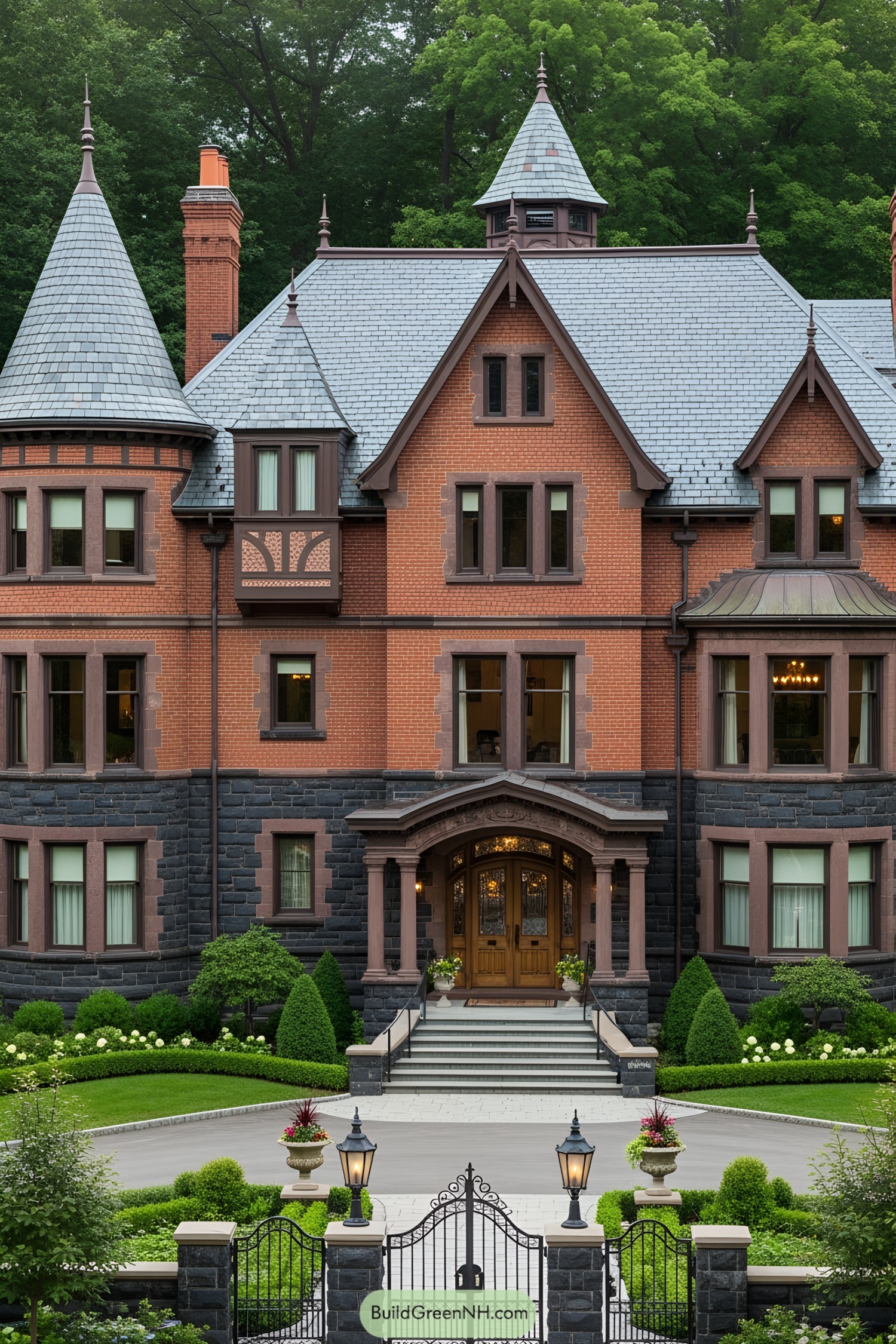 Charming Victorian house with turrets and lush garden