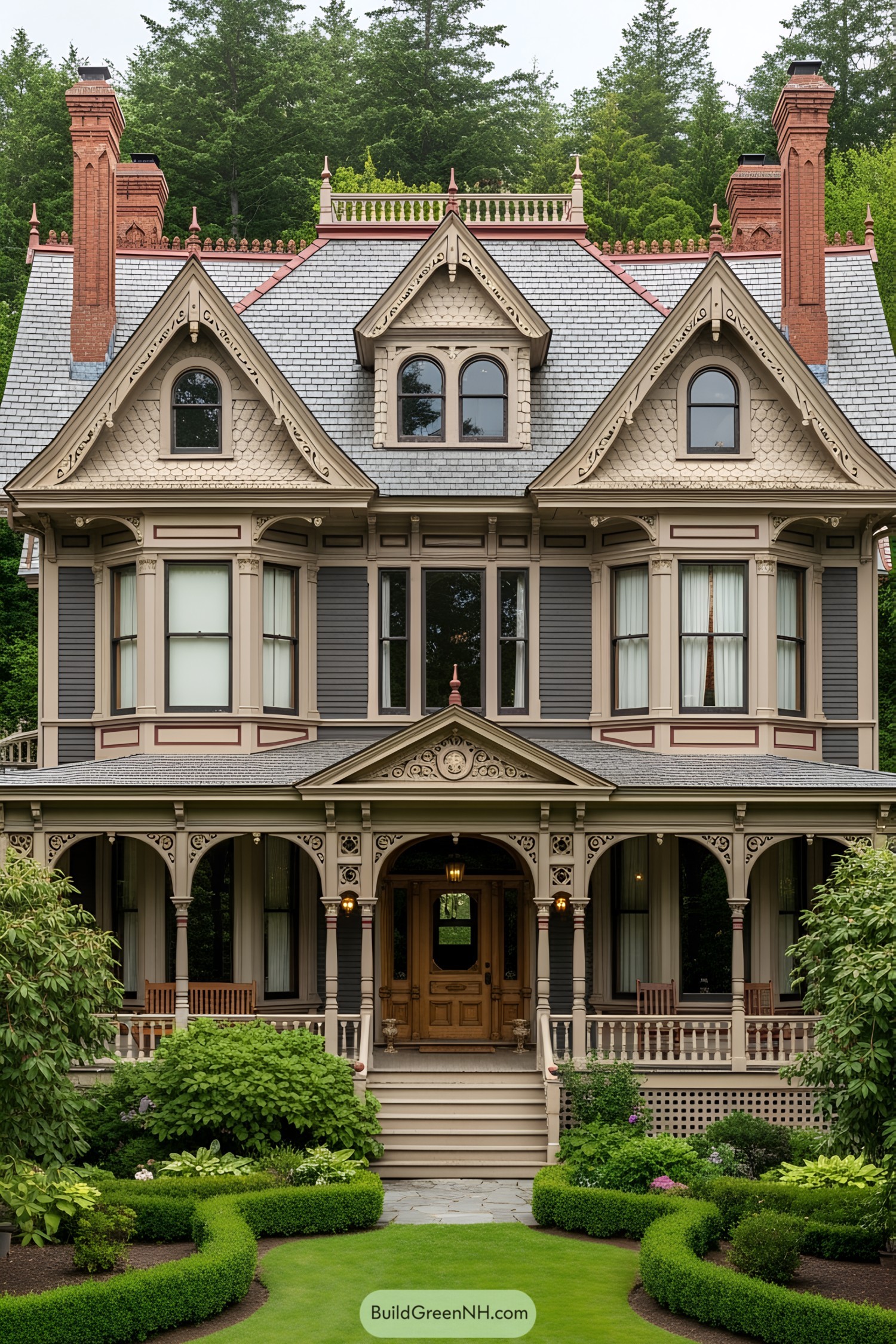 Victorian house with detailed gables and manicured garden