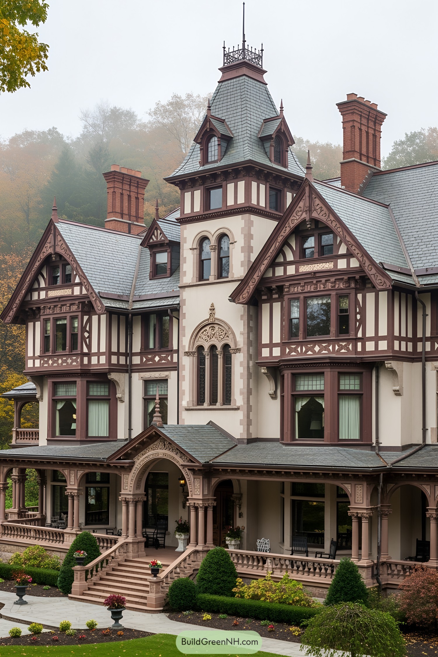 Ornate Victorian house with detailed woodwork and tall chimneys