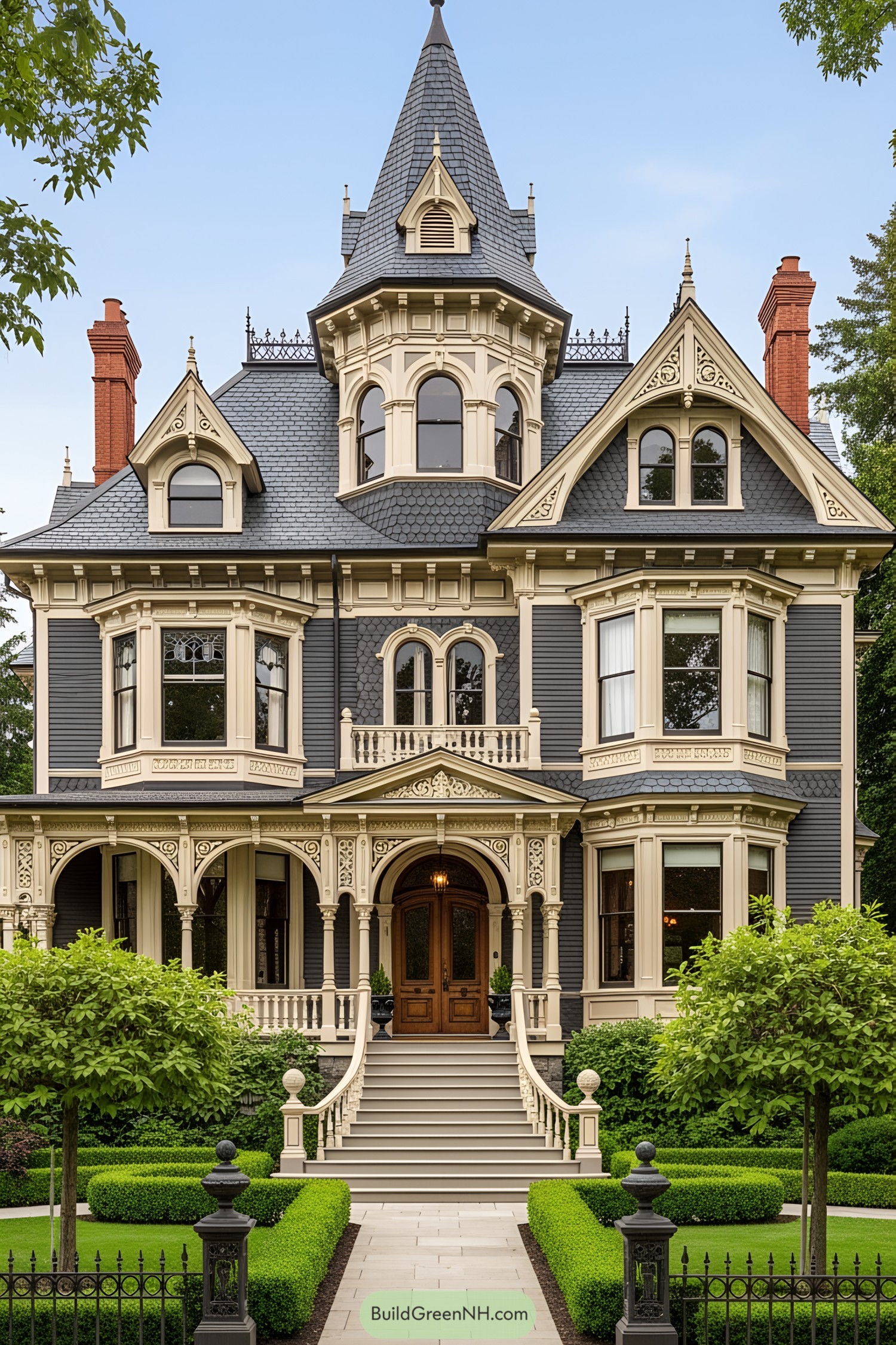 Victorian house with ornate details and manicured gardens