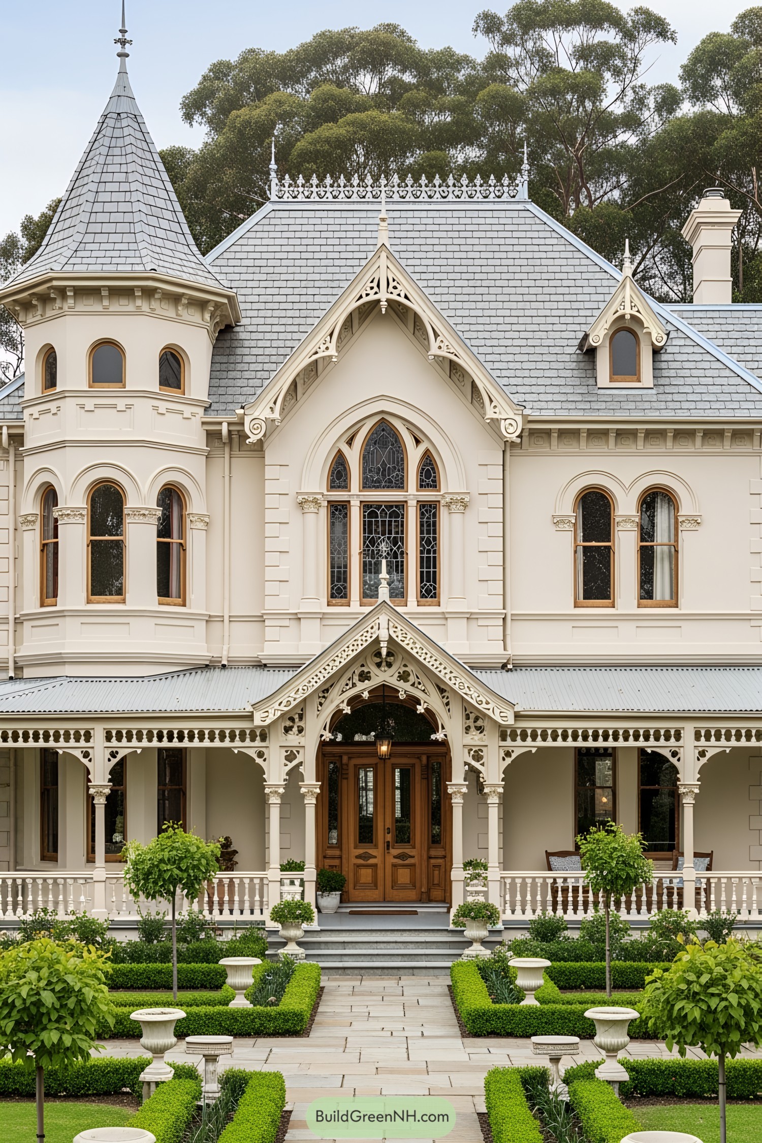 Large Victorian house with a turret and ornate details
