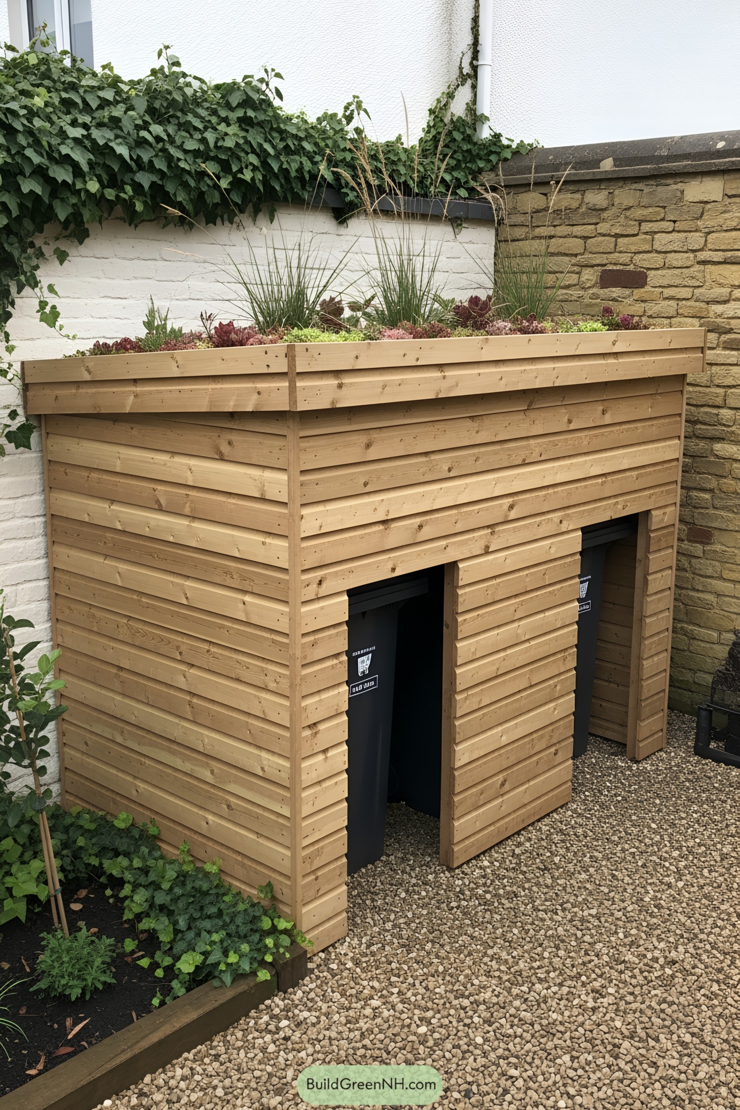 Wooden bin shed with a green roof and tall plants