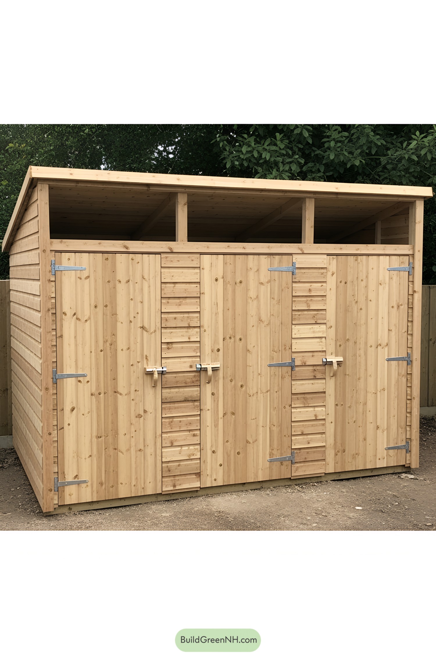 Wooden bin shed with multiple doors