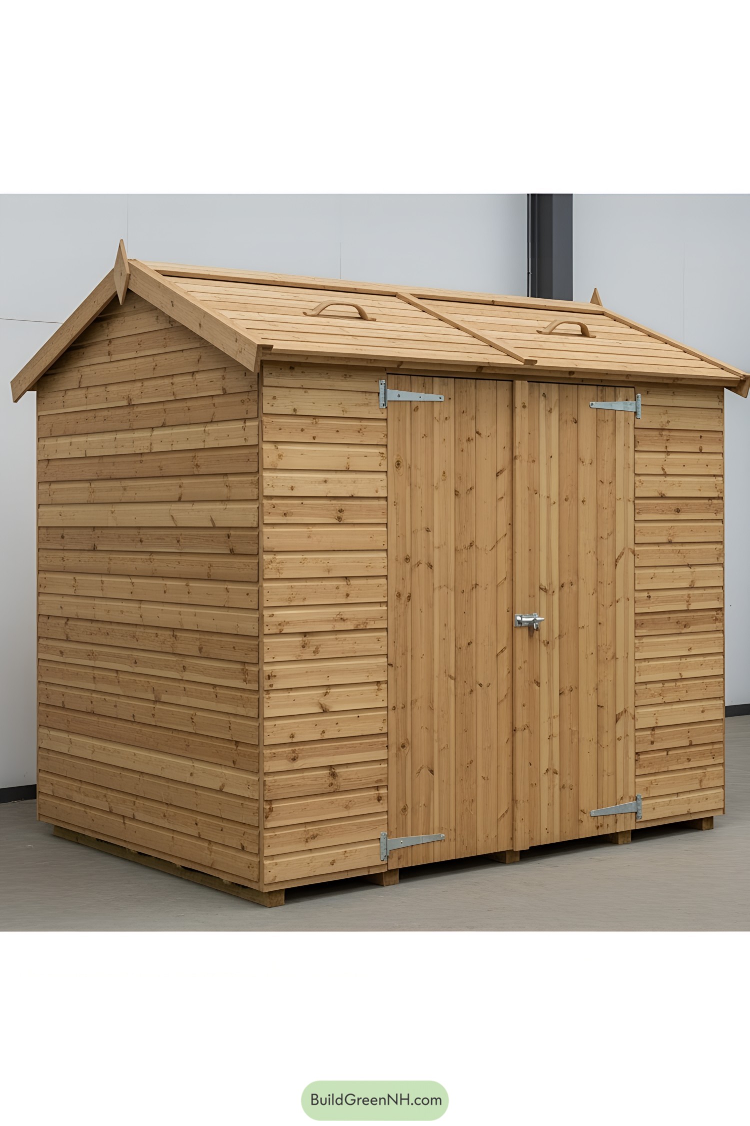 Wooden shed with double doors and a peaked roof
