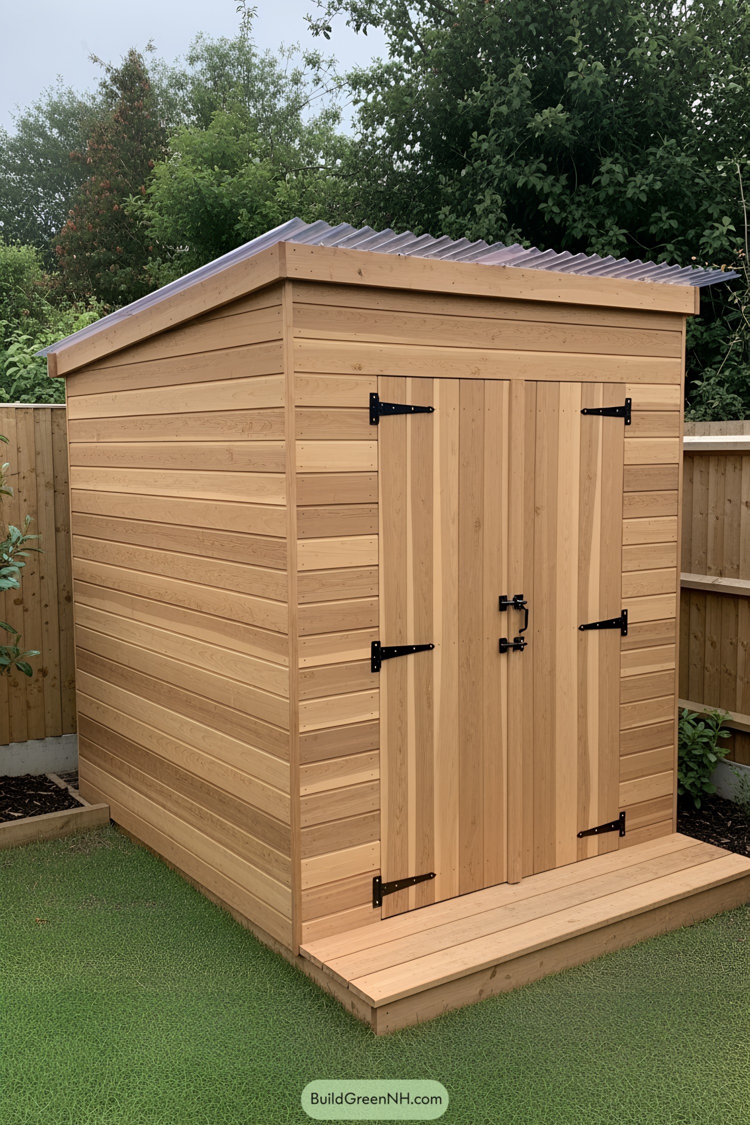 Wooden shed with double doors and lush greenery